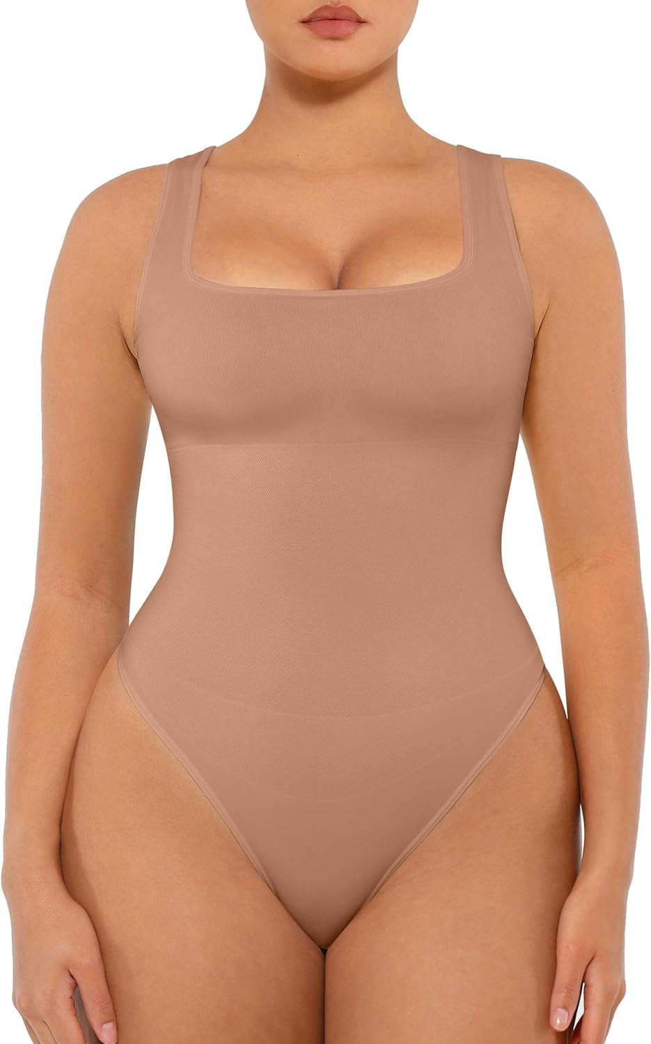 FeelinGirl Bodysuits for Women Seamless Square Neck Tummy Control Compression Thong Shapewear Bodysuit Tank Tops Bodysuit