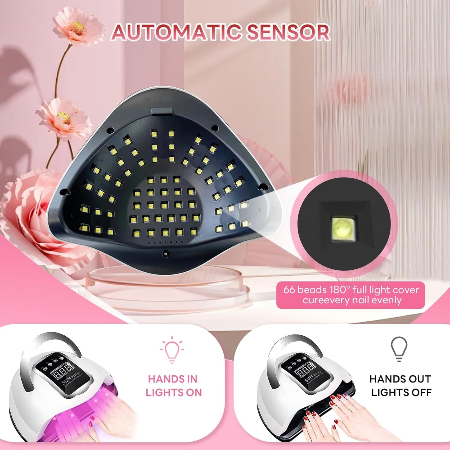 UV LED Nail Lamp, Professional 280W UV Nail Dryer Light for Gel with 66 Beads, Fast Curing Gel Polish Lamp Auto Sensor 4 Timer Setting Portable Nail Art Drying Tools for Fingernail Toenail