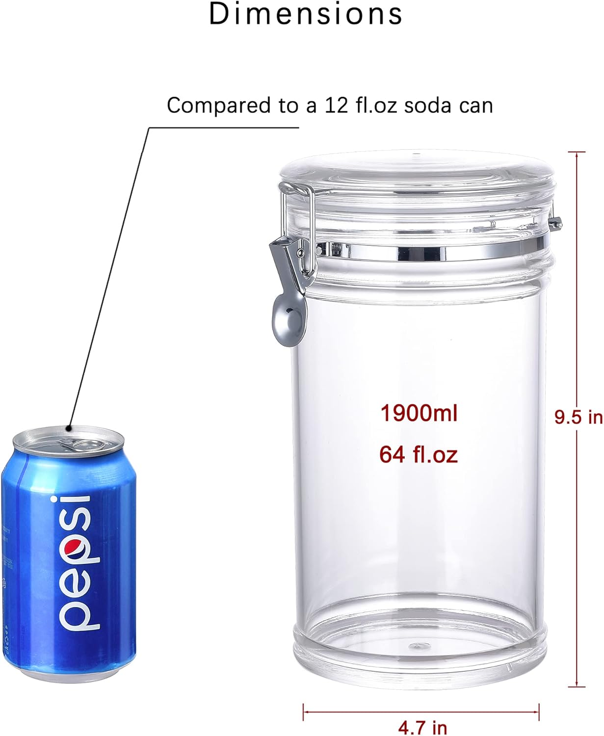 64 oz Reinforced Large Acrylic Canister with Locking Clamp, Airtight Flip Jar | Food Storage Container for Flour, Sugar, Coffee, Candy, Cookie etc