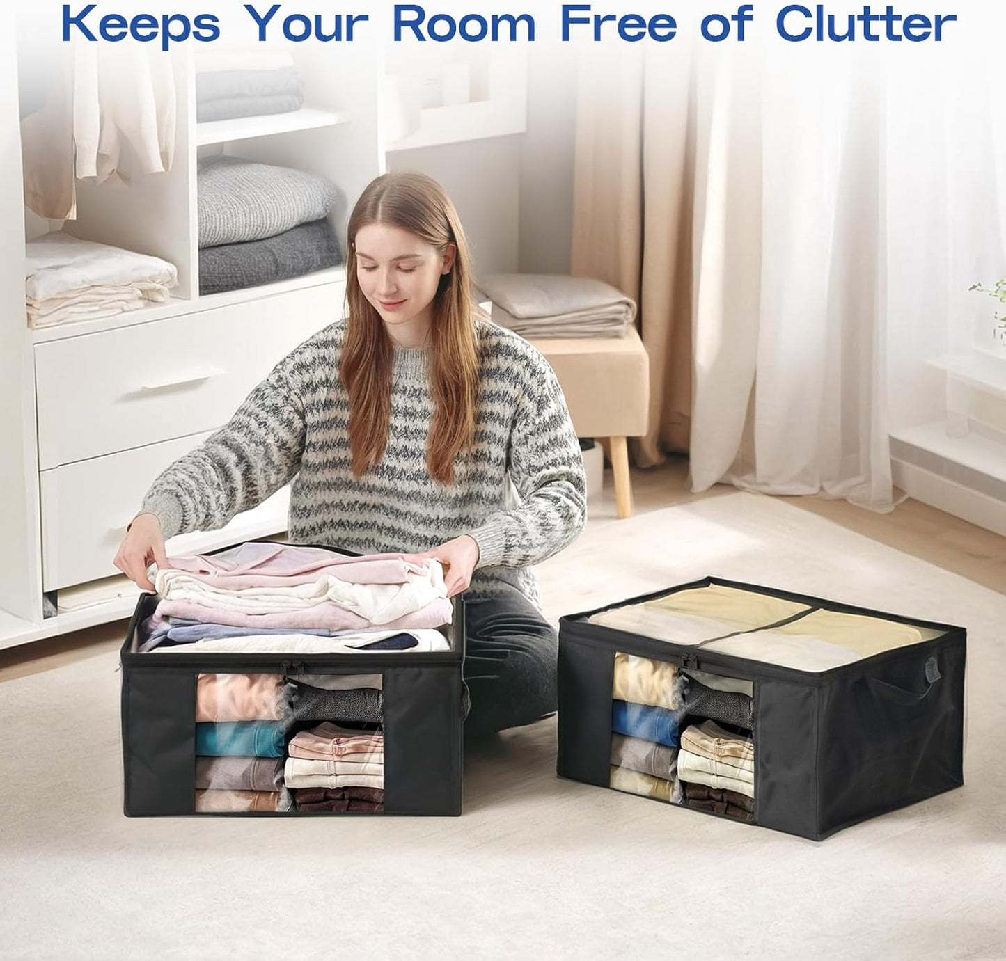 Clothes Storage Bags, Foldable Thick Fabric Blanket Storage Bags, Large Clear Window & Carry Handles, Great for Clothes, Blankets, Closets, Pillows, Toys (Black, 4PACK)