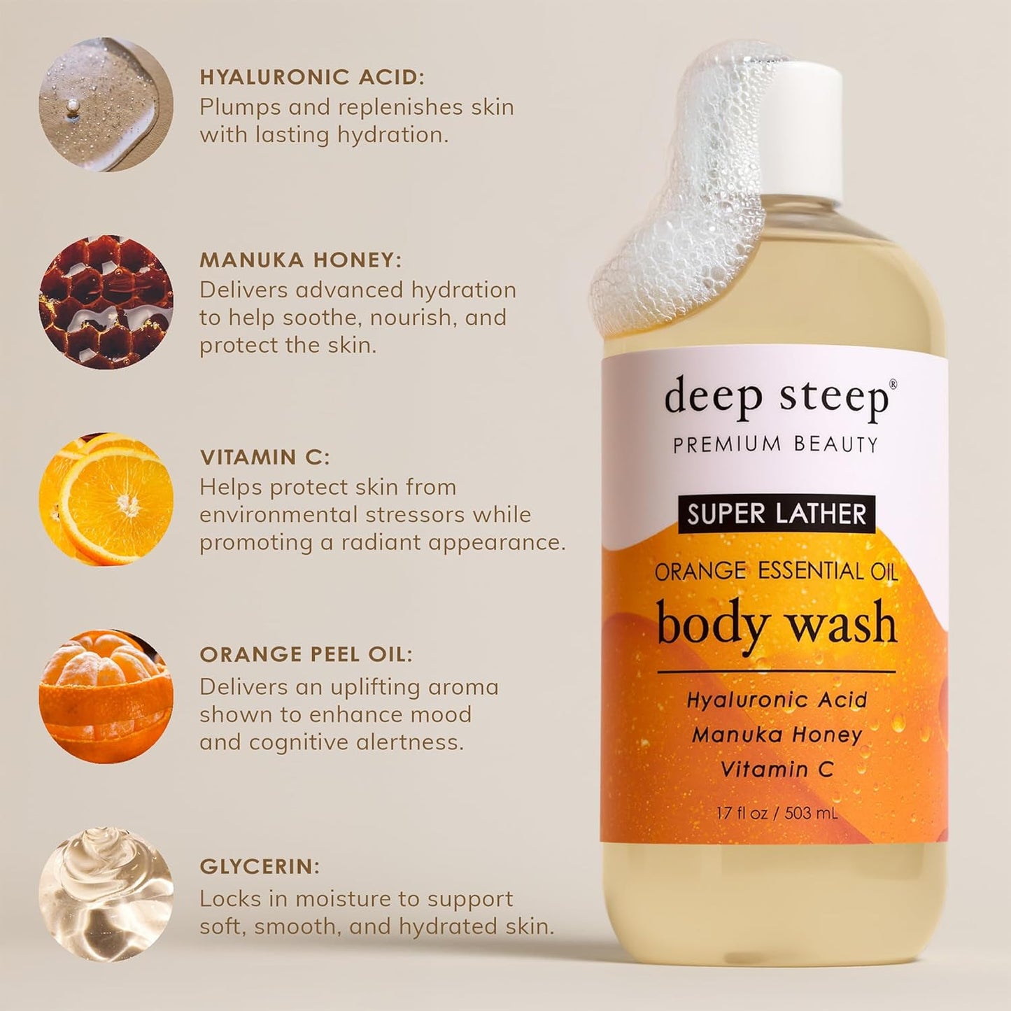 Deep Steep Super Lather Body Wash, Orange, 17 oz – Hydrating Shower Gel with Hyaluronic Acid, Manuka Honey, & Orange Essential Oil – Vegan, Clean Beauty, Clean & Refreshed Skin