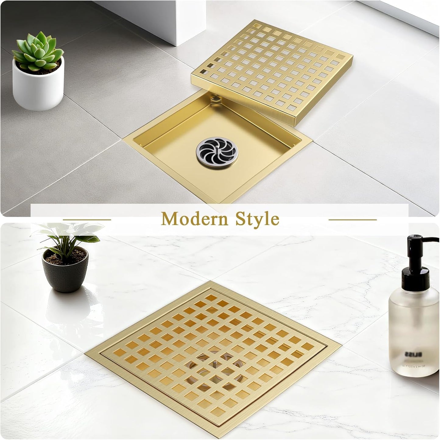 Square Shower Floor Drain with Flange, 4 Inch Brushed Gold Shower Drain Hair Catcher, SUS304 Stainless Steel Floor Drain Strainer, Shower Drain Cover