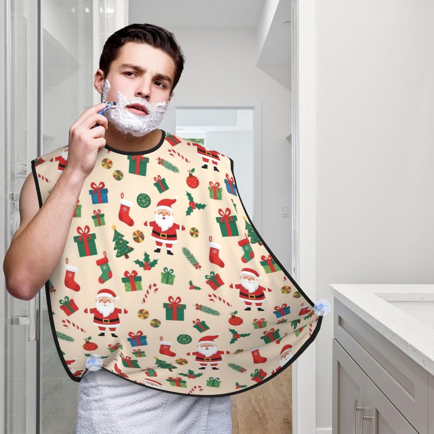 Beard Grooming Cape, Waterproof Hair Catcher for Shaving Trimming, Non-Stick Bib Apron Gifts for Dad Men, Cute Cartoon Santa Claus Christmas Shave Bib