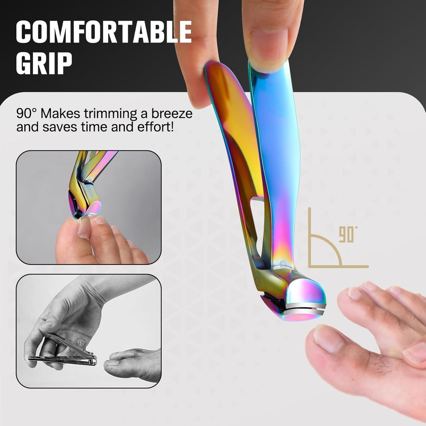 FERYES Angled Head Long Handled Toenail Clipper for Seniors - Large Wide Jaw Nail Clipper with Catcher for Thick Nails - Easier Trimming, Ergonomic Design (Rainbow