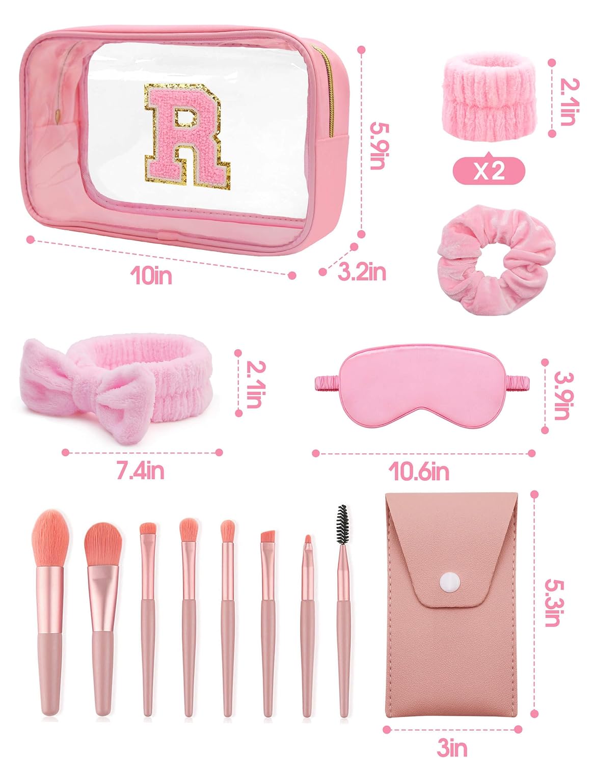 Gift Sets for Women, Initial Makeup Bag with Makeup Brush Set Bachelorette Party Favors, Pink Spa Kit with Skincare Headbands Wrist Bands Sleepover Party Supplies Gifts for Teen Girls Bridesmaid R