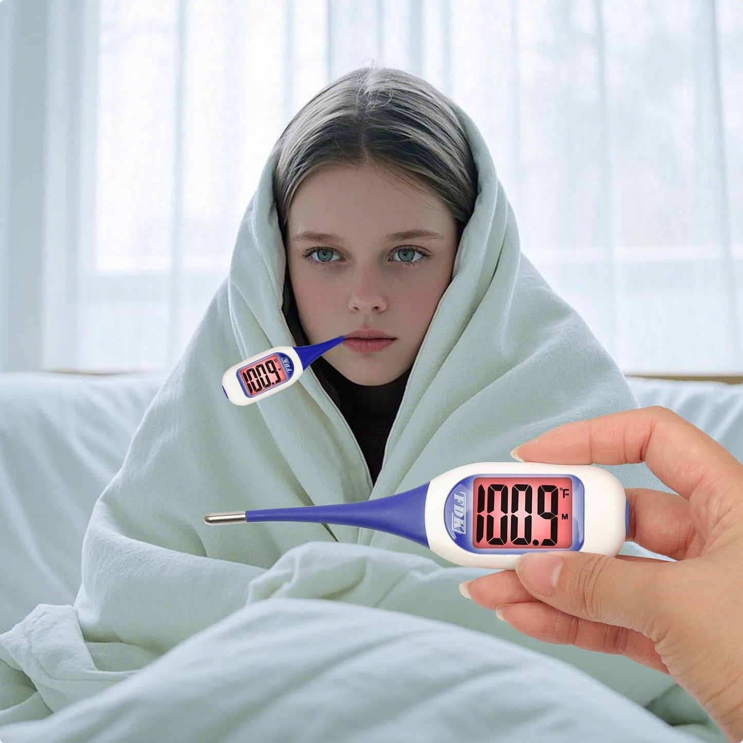 Large LCD Screen Digital Thermometer for Fever, 10 Seconds Fast & Accurate Readings, Large LCD Dual Color Backlight Flexible Tip Ideal for Adults Kids and Babies
