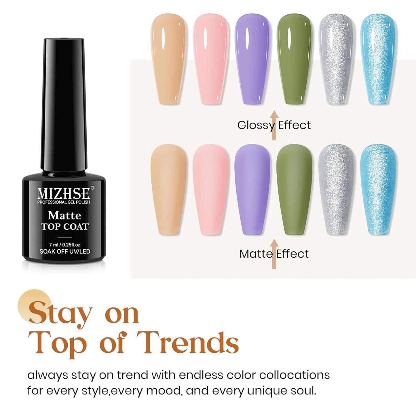 MIZHSE Gel Top and Base Coat, No Wipe Basic Clear Gel Polish Set, Matte & Shiny Top Coat, Long Lasting Salon Quality High Gloss Soak Off Nail Art Manicure Home