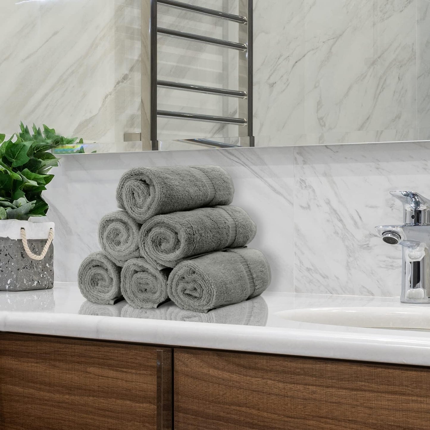 Monogrammed Hand Towel, Personalized Initial Gift, Extra Absorbent 100% Turkish Cotton - Soft Terry Finish - Set of 2 - Silver Block Initial R - Embroidered on Grey Towels