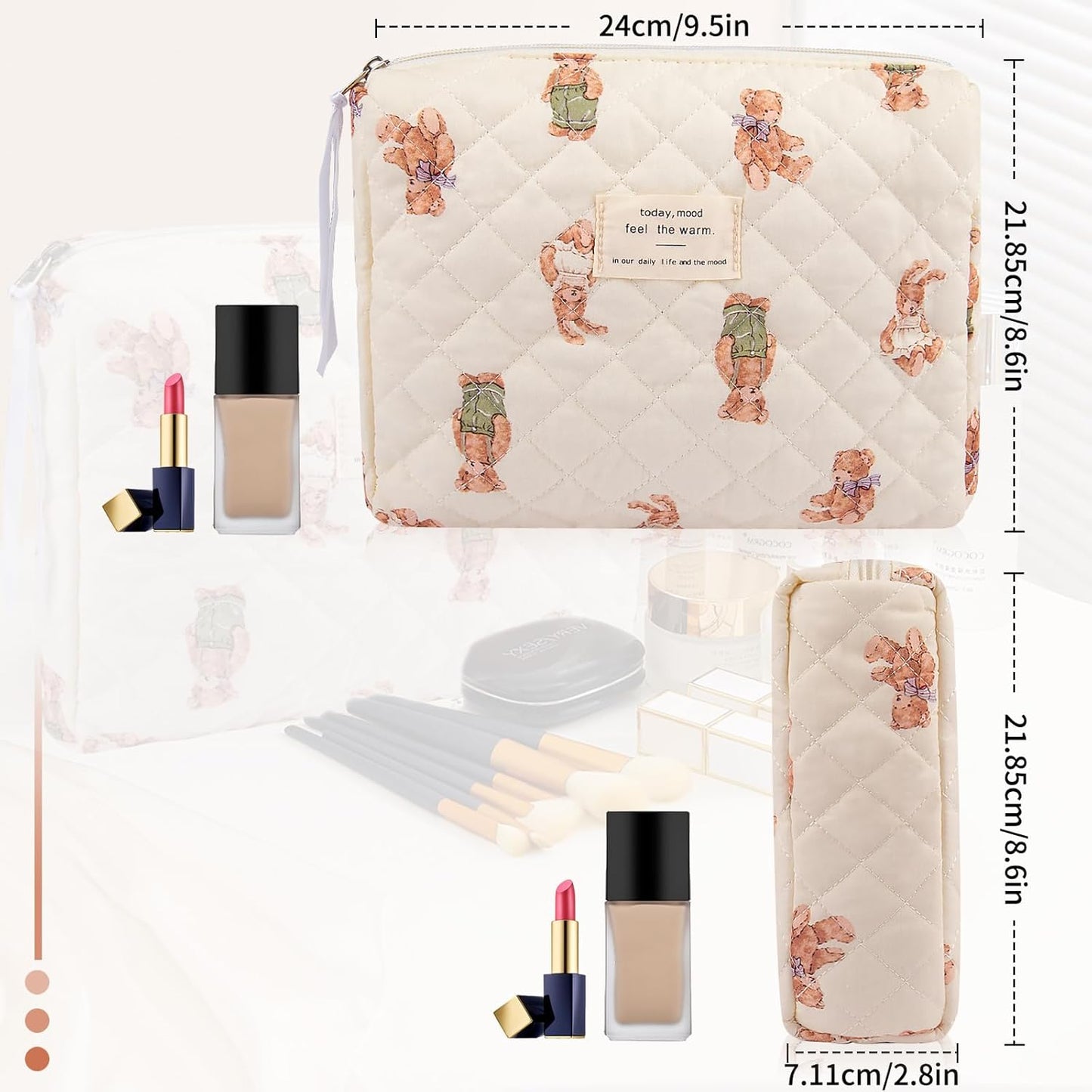 Floral Makeup Bag, Small Cosmetic Bag for Women Girls, Cute Cotton Makeup Bag, Quilted Makeup Bags, Flower Travel Toiletry Organizer Bag (White Bear)