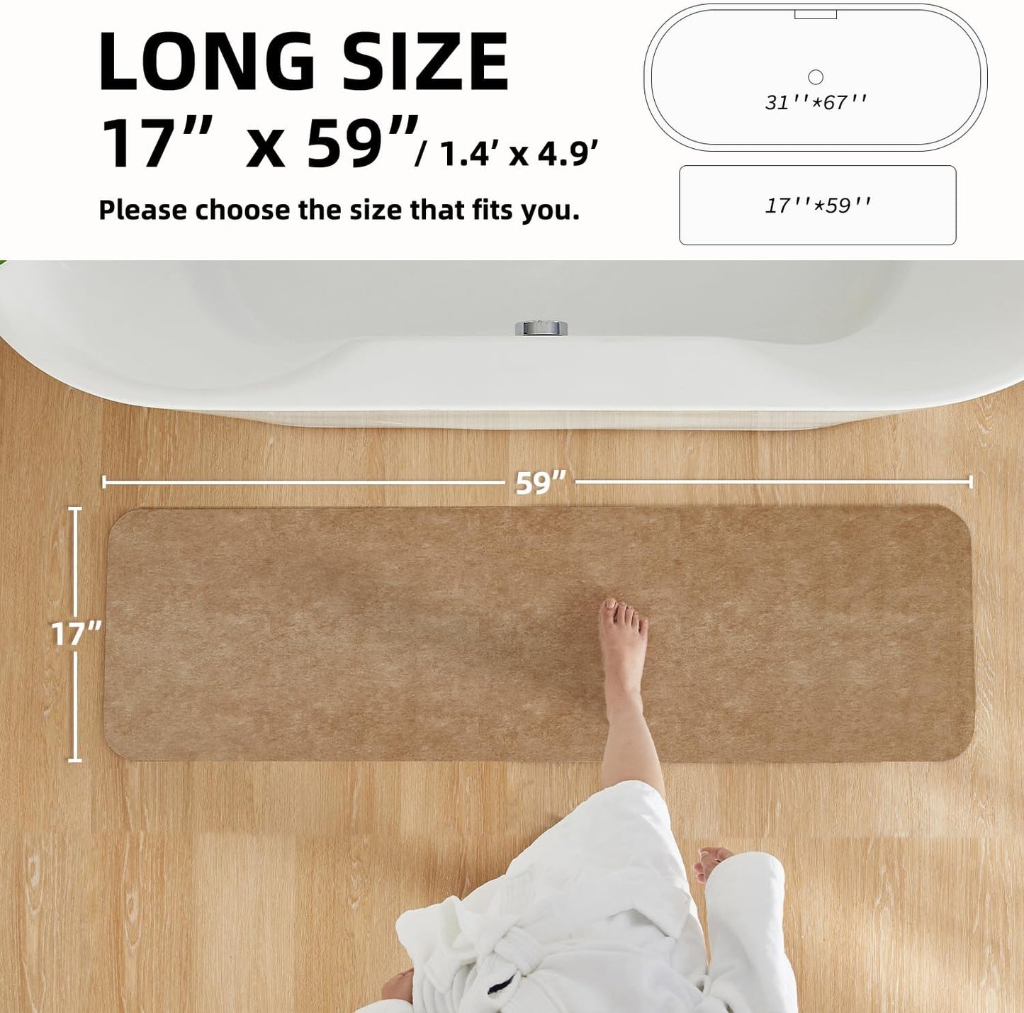 Bathroom Mat Quick Dry, Bathroom Rugs Non Slip Washable Thin Absorbent Bath Mat Fits Under Door Bathroom Floor Mat Perfect for Bath, Shower, or Sink 17"x59" Camel