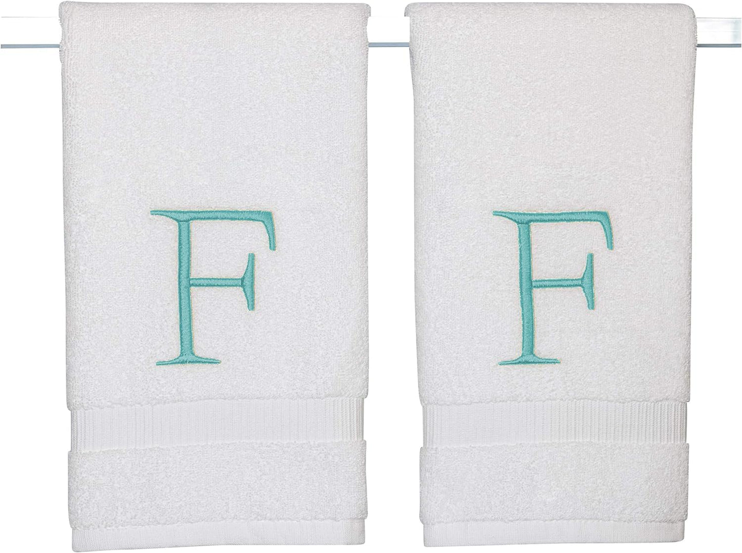Teal Monogrammed Hand Towel for Bathroom - Initial Hotel Quality Decorative Embroidered Luxury Towel for Powder Room, Spa - GOTS Organic Certified - Pack of 2, Letter F
