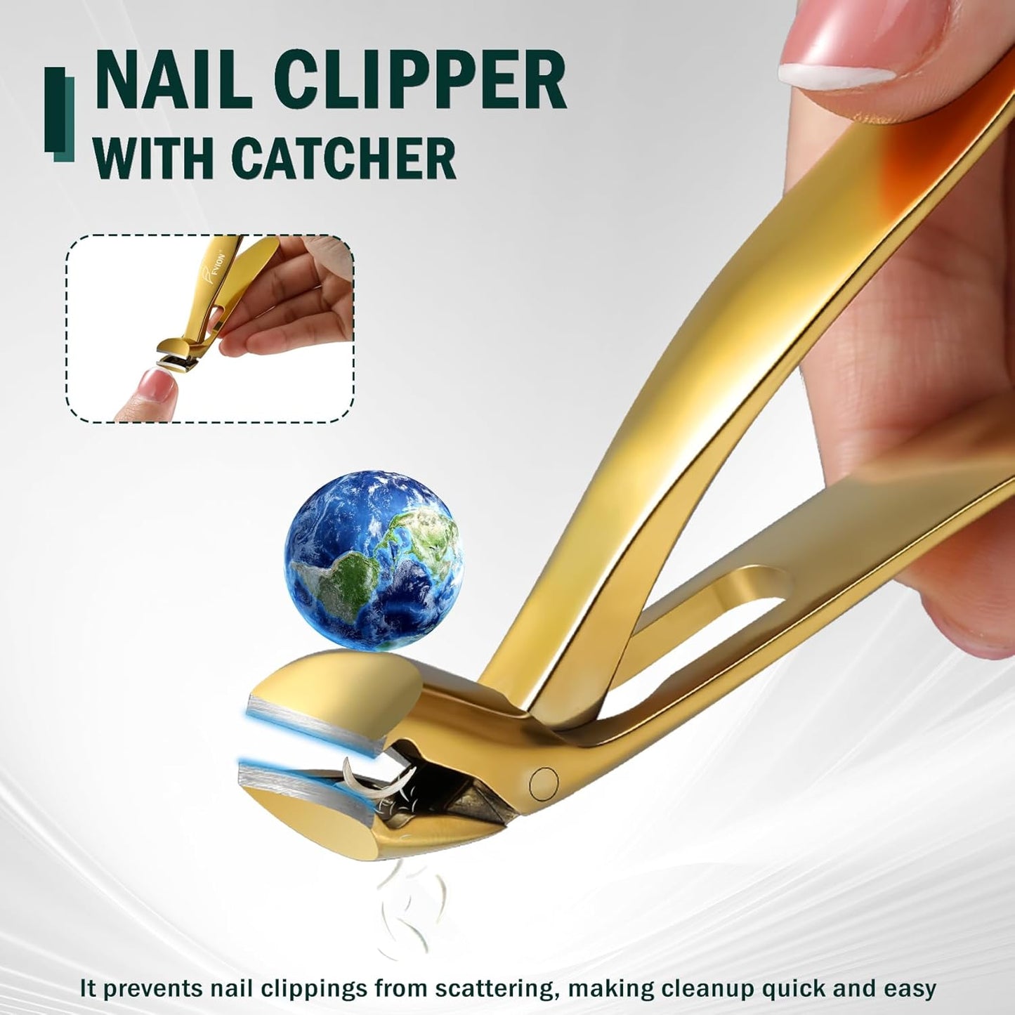 FVION Ergonomic Seniors Toenail Clippers, Curved Head Toe Nail Clippers for Thick Nails with Nail Catcher and Metal Nail File, Precision Nail Care Tool for Easier Trimming (Gold)