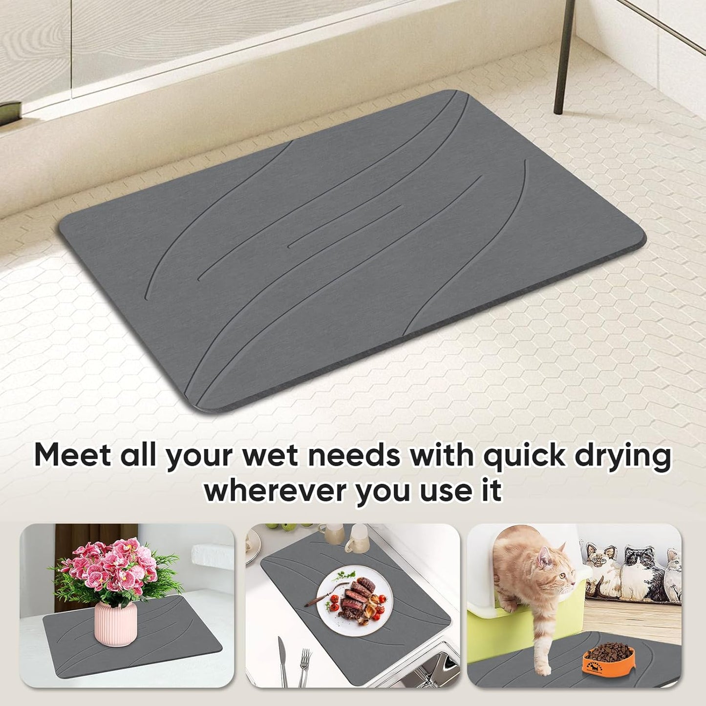 Stone Bath Mat Diatomaceous Earth Shower Mat Non-Slip Super Absorbent Bathroom Floor Mat Quick Drying Natural Easy to Clean(24 * 16 Grey)
