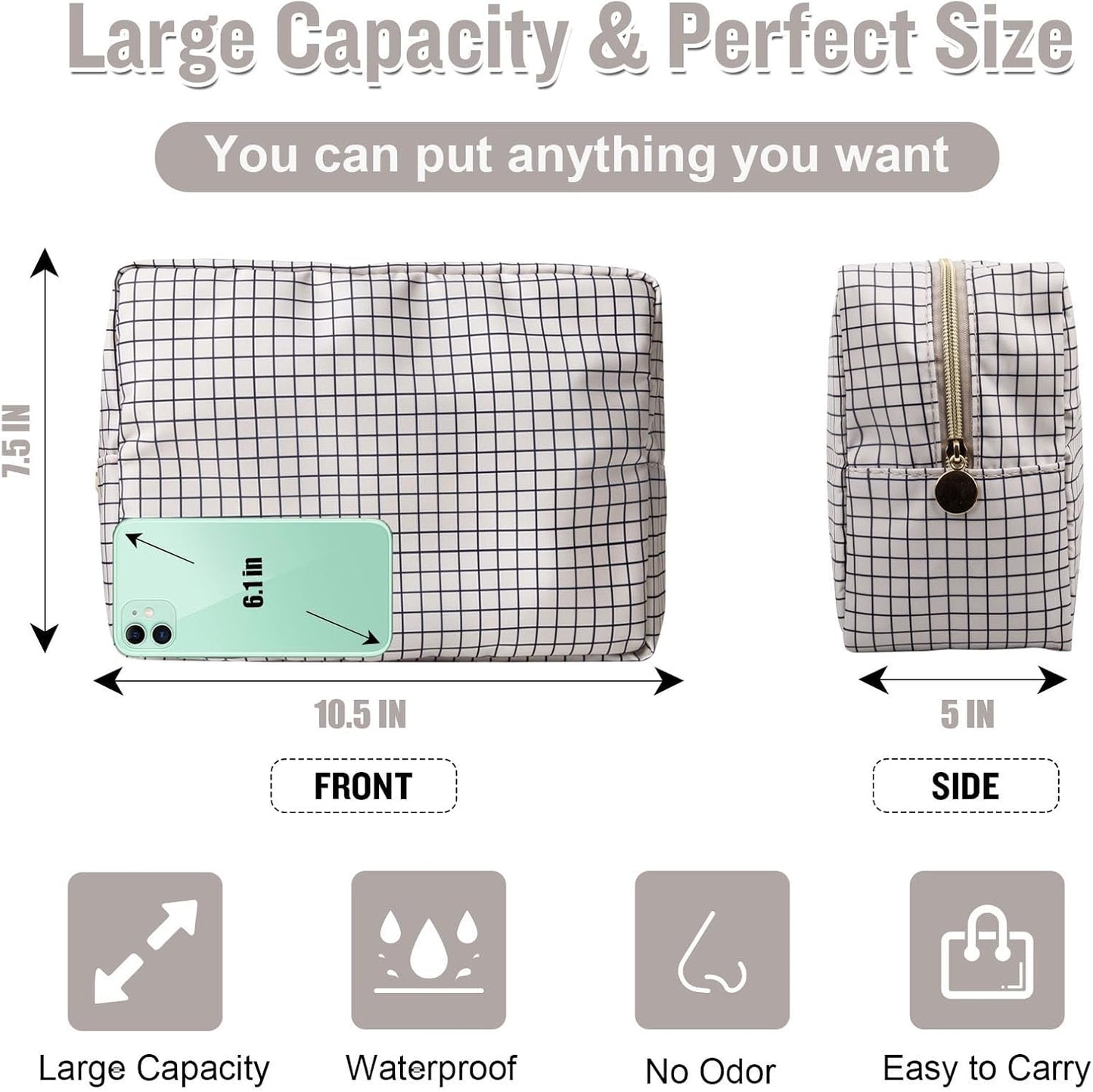 Nylon Large Checkered Makeup Bag Travel Pouch for Women, Big Preppy Makeup Bag Cute Cosmetic Zipper Pouch Purse,Waterproof Toiletry Bag Clutch Makeup Brush Organizer Pouch for Ladies Girls(Checkered)