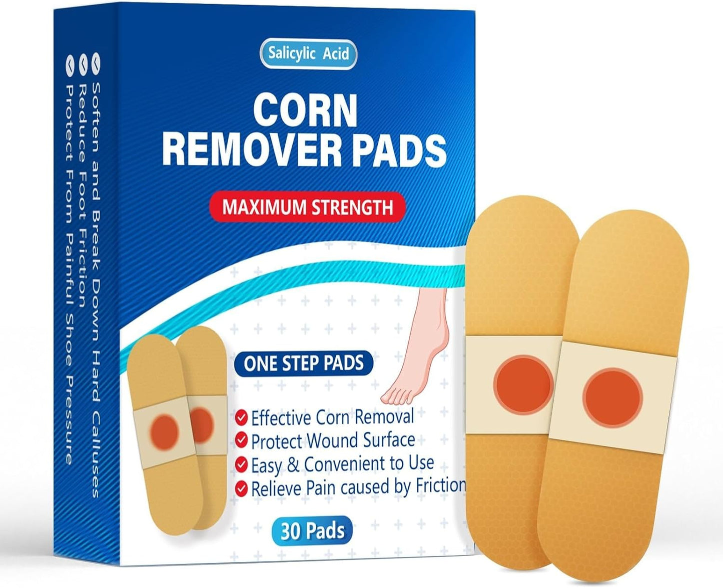 QIYANA Corn Remover Pads for Feet and Toes, 30 Pack Extra Strength 40% Salicylic Acid Medicated Patches, Effective Treatment for Small Callus and Dead Skin
