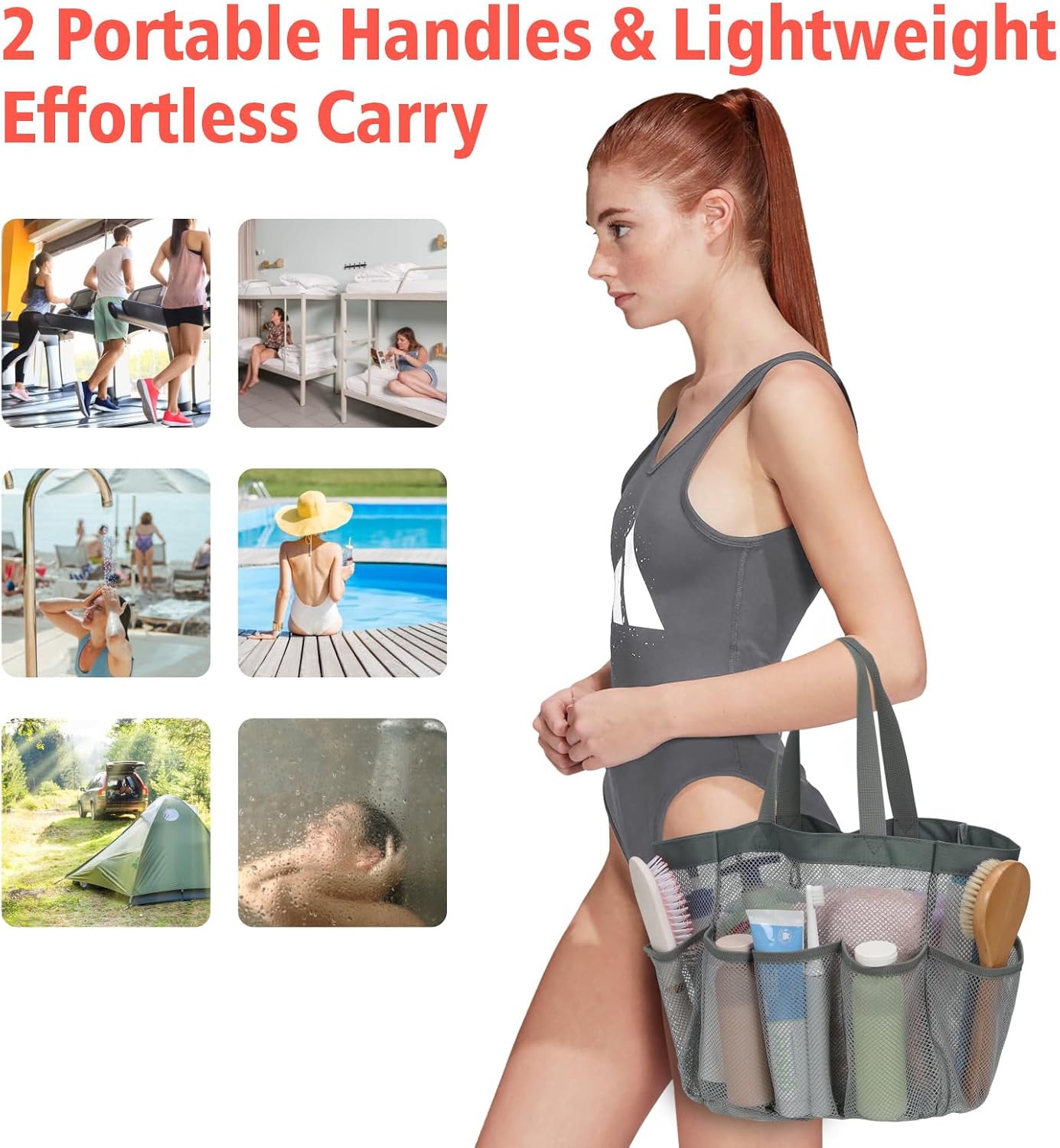 F-color Mesh Shower Caddy Portable, Upgrade Deeper 7 Pockets Shower Bag Basket Tote for College Dorm Room Toiletry Bathroom Essentials Gym Camp Quick Dry 2 handles with S Hook, Grey