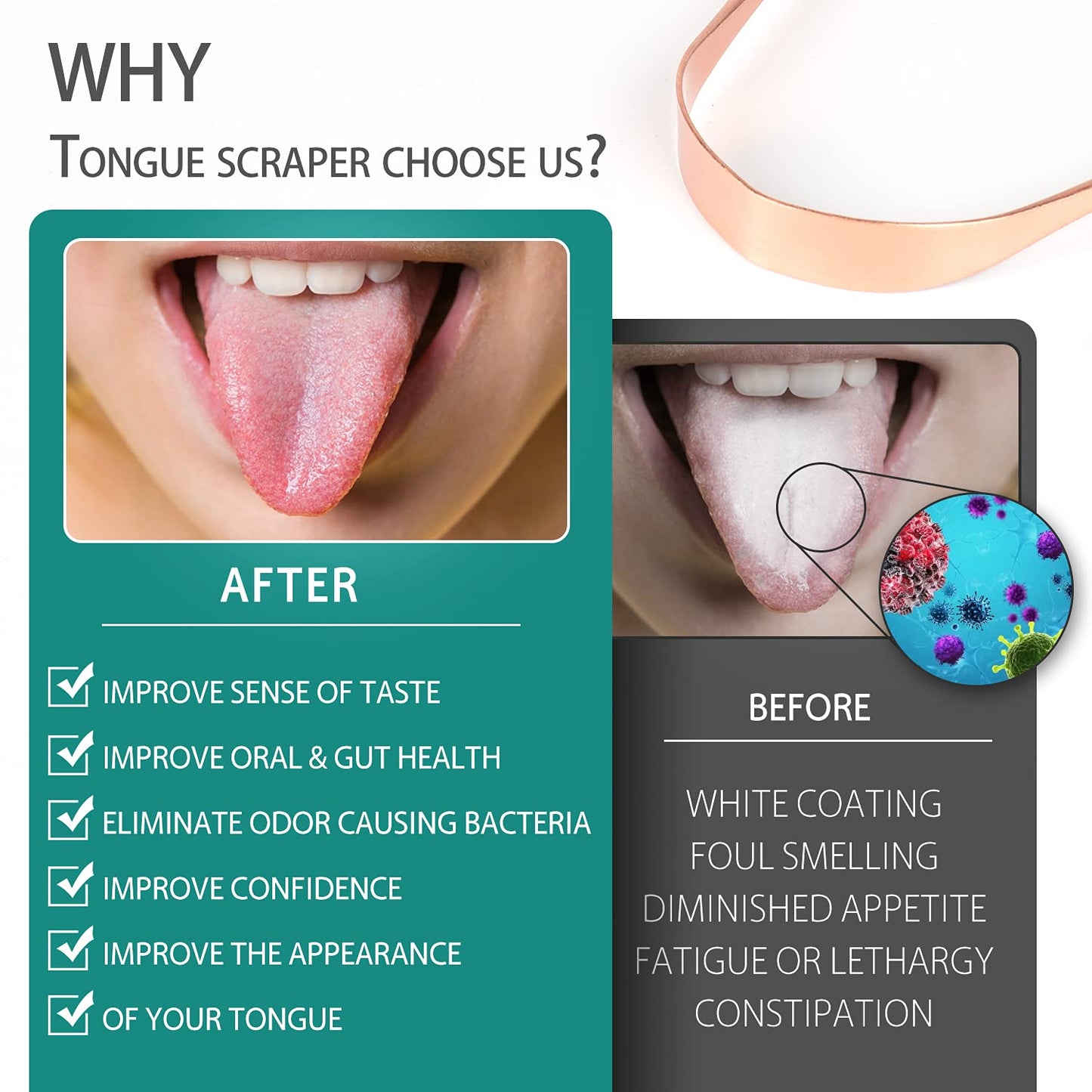 RONAVO Copper Tongue Scraper for Adults (2 Pack), 100% Pure Copper, Naturally Anti-Microbial, Banishes Bad Breath and Maintains Oral Hygiene, Tongue Cleaner with Travel Case, Easy to Use and Clean