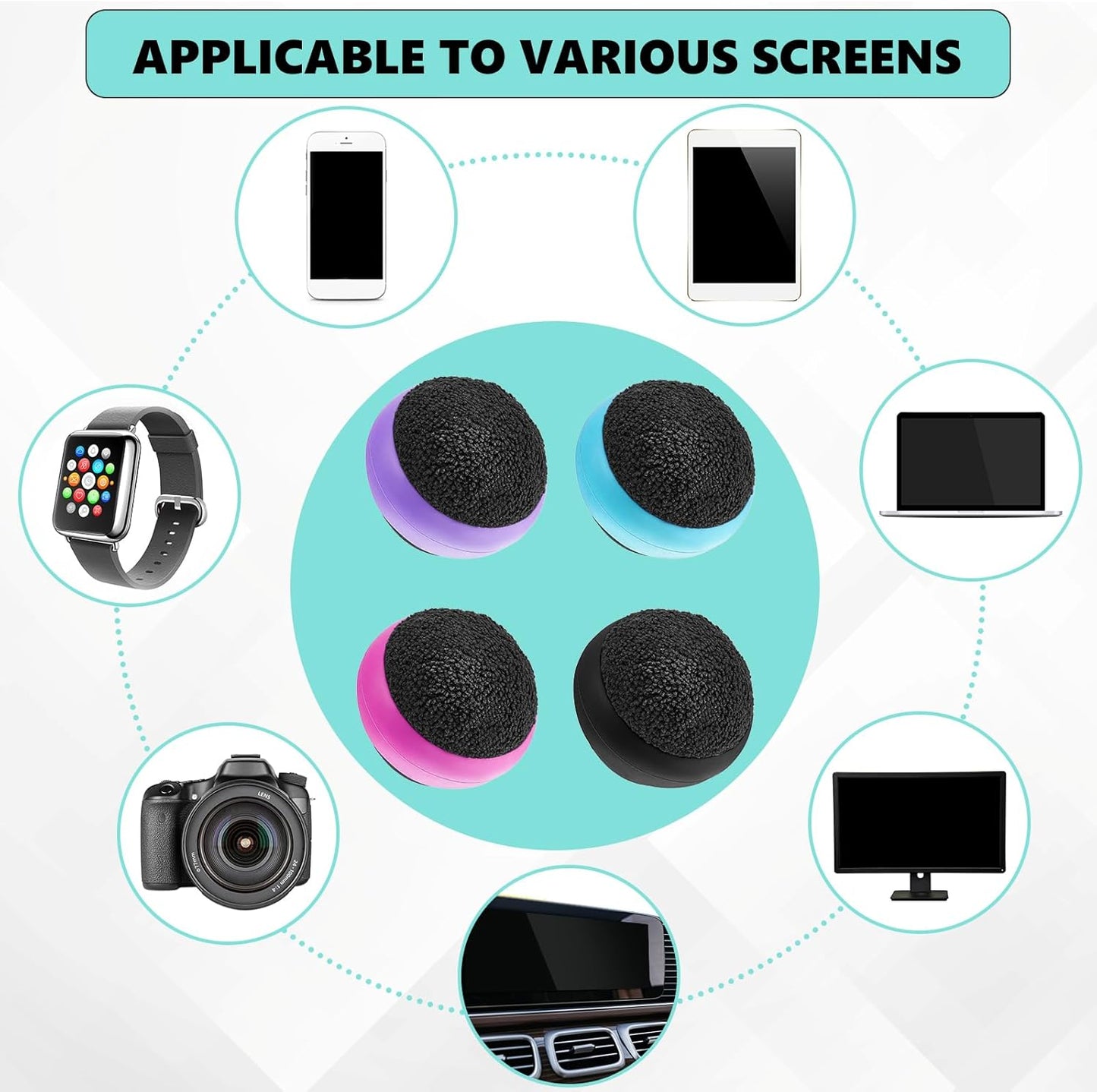 Suclain 4 Pack Christmas Halloween Gift Touch Screen Cleaner Balls Phone Cleaning Ball Microfiber Touch Car Screen Glass Cleaner for Computer Laptop Phone Monitor(Black, Blue, Rose Red, Purple)