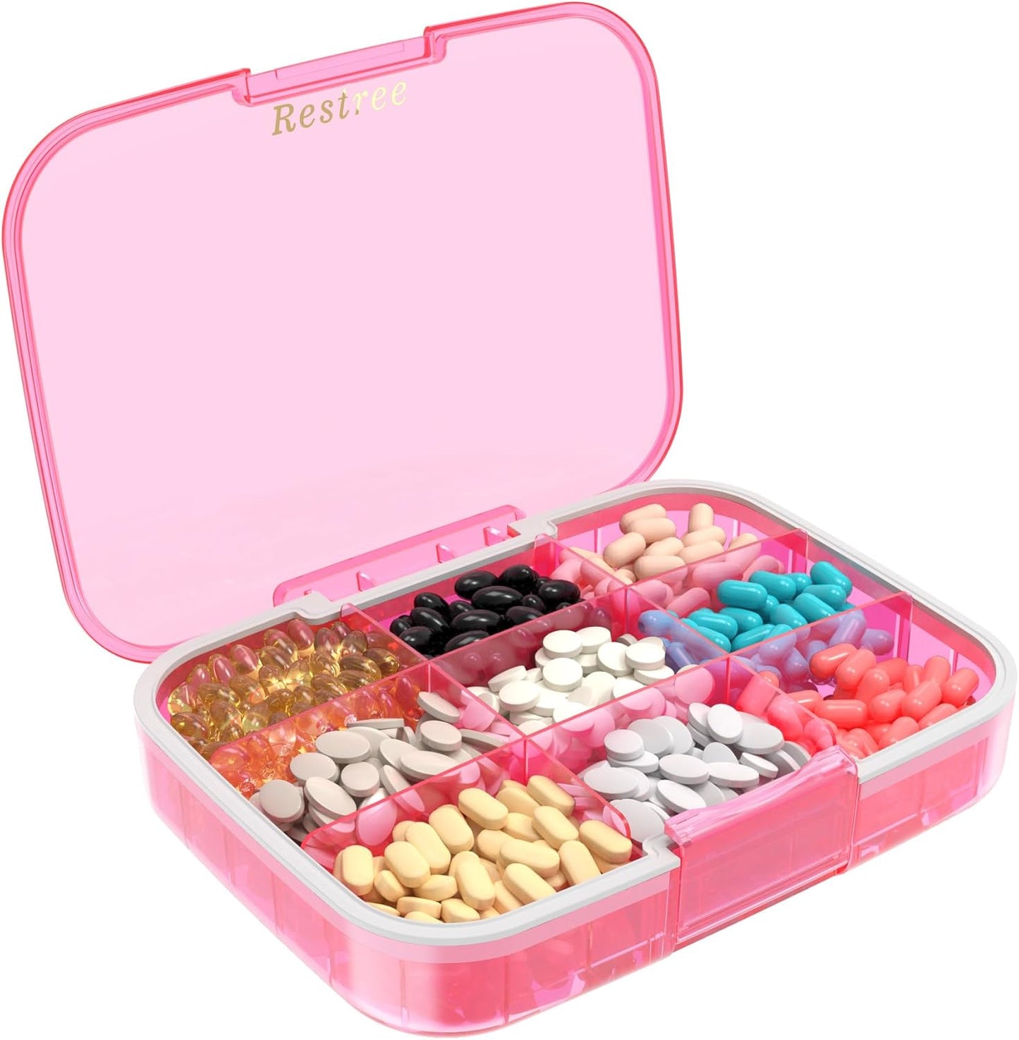 Restree Large Pill Organizer, Moisture Proof & Waterproof Travel Pill Case, Portable Medication Box with Adjustable Dividers for Vitamins Supplements Fish Oil and Daily Pills 9 Compartments (Pink)