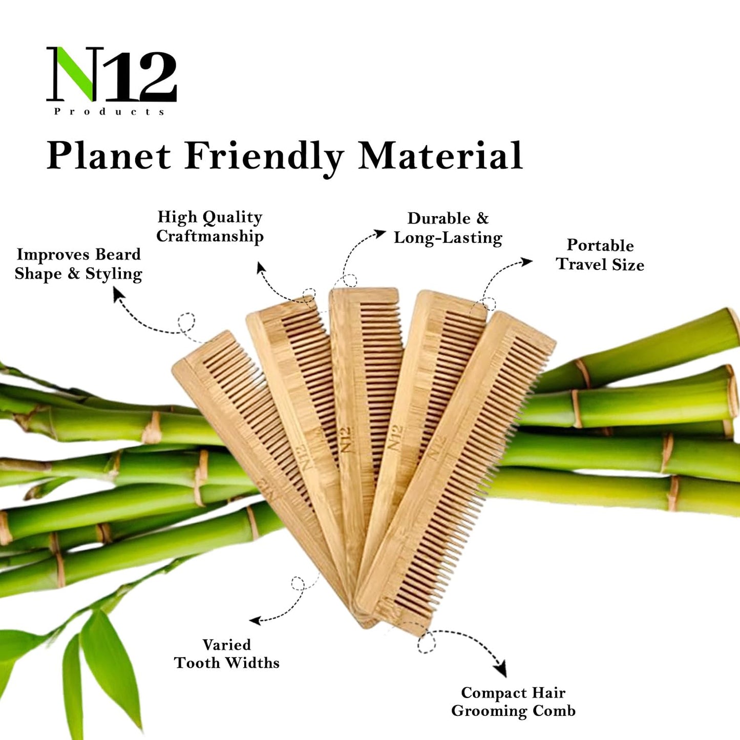 5 Bamboo Wood Pocket Beard Comb Set of 5, 100% Natural wooden combs for Beard, Hair, Mustache, Men & Women, Travel-Friendly, Eco-Friendly Grooming Solution