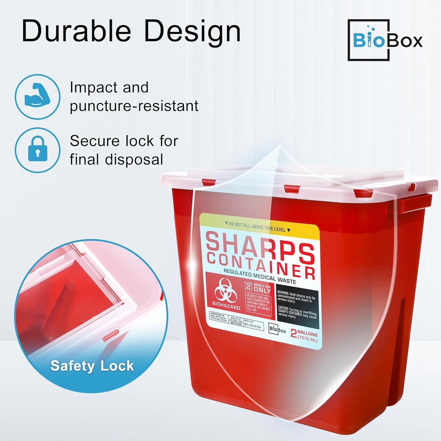 Sharps Container Large - Sharps Containers for Home Use and Labs - Portable Needle Disposal and Travel Size Biohazard Bin - 2 Gallon (Pack of 1)