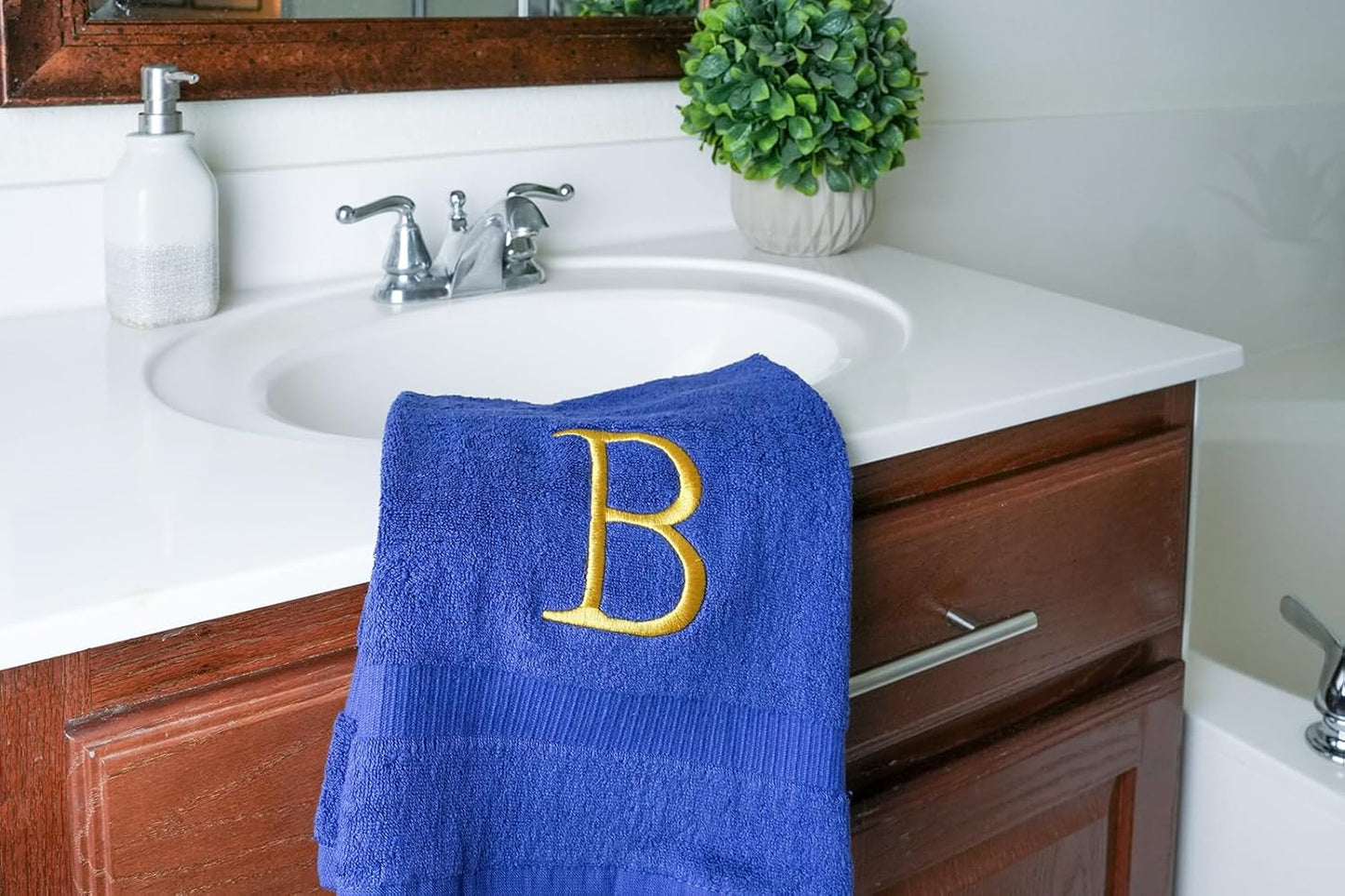 Navy and Gold Bathroom Hand Towel - Monogrammed Luxury Hotel Quality Decorative Embroidered Towel for Powder Room, Spa - GOTS Organic Certified - Pack of 2, Letter B