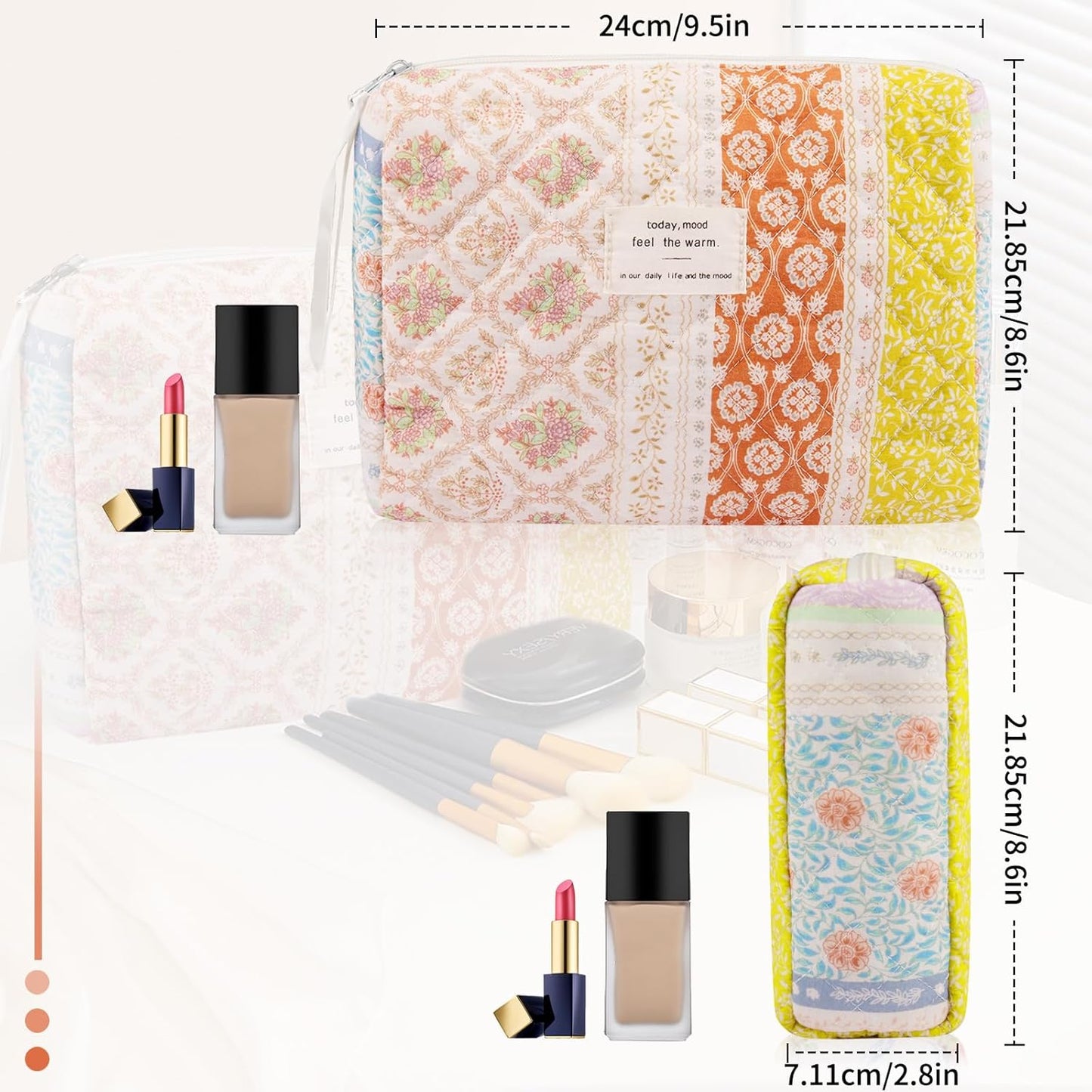 Floral Makeup Bag, Small Cosmetic Bag for Women Girls, Cute Cotton Makeup Bag, Quilted Makeup Bags, Flower Travel Toiletry Organizer Bag(Color-Coded Floral)