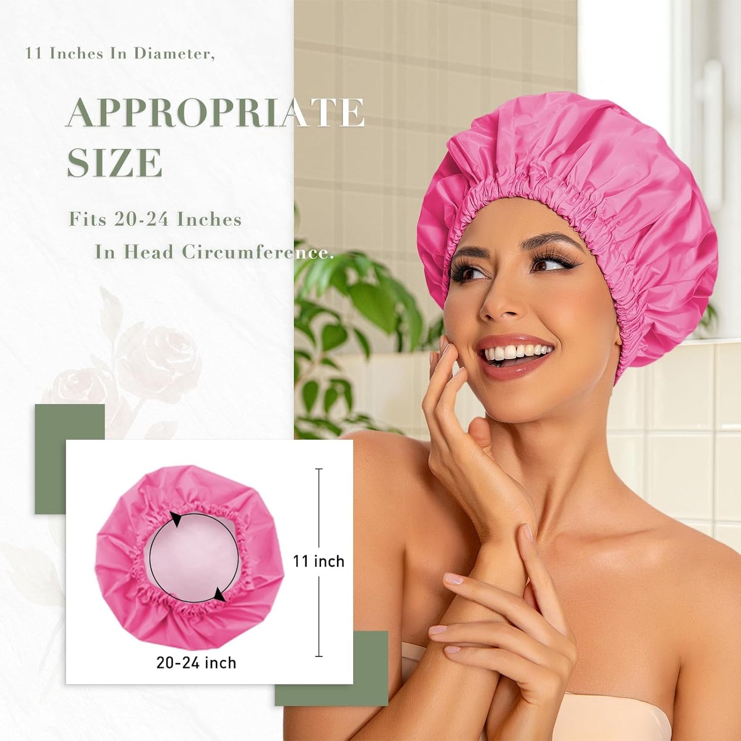 Reusable Shower Cap for Women, Large Waterproof Shower Essentials Bonnet Washable Elastic Band Bath Hair Wrap Hat for Long Hair, Braids(Rose Red)
