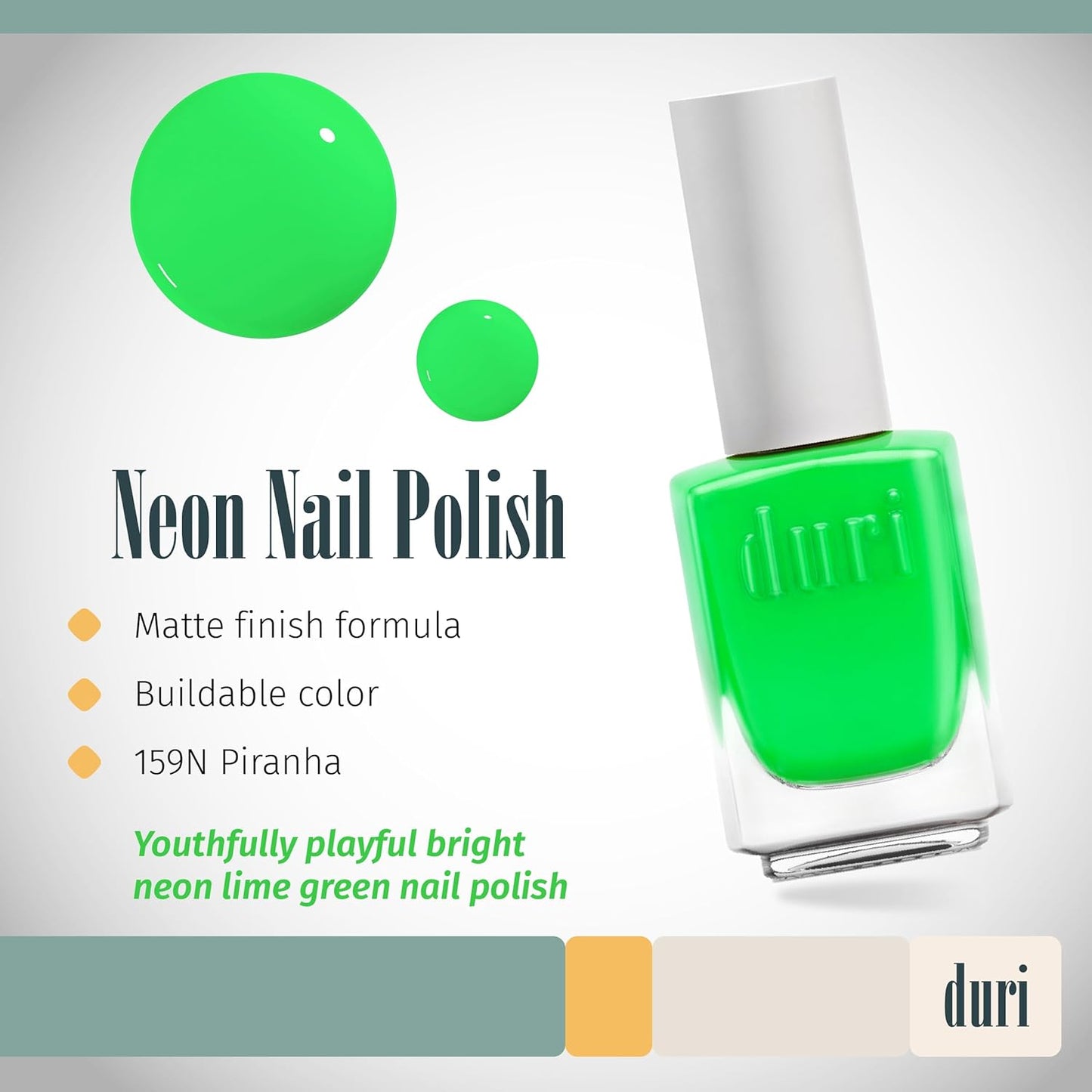 duri 159N Piranha - Neon Lime Green Nail Polish, Matte Finish, Quick Drying, 0.45 Fl Oz