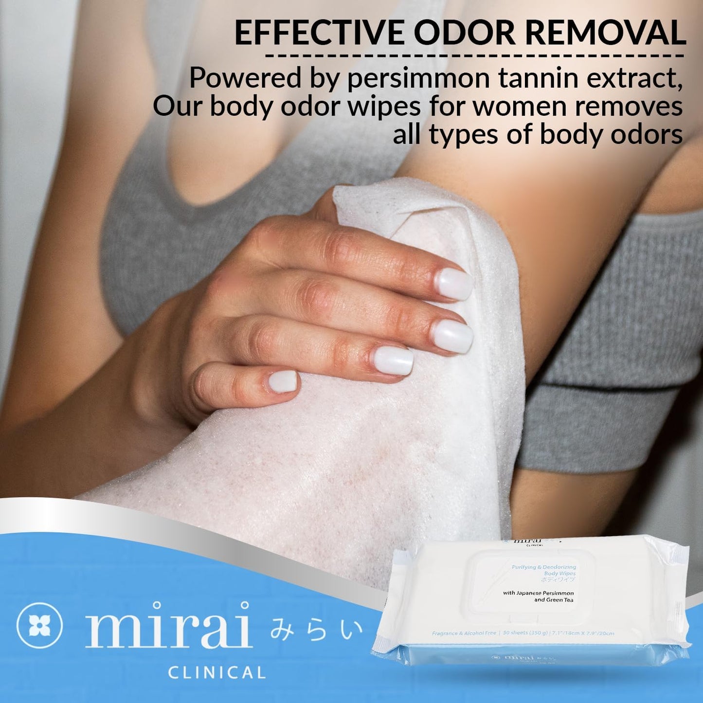 Mirai Clinical's Deodorizing Body Wipes for Women & Men - Cleansing & Refreshing Deodorant Wipes Women & Men Love - Fights Nonenal Body Odor - For Whole Body Usage - Unscented - 3 packs.
