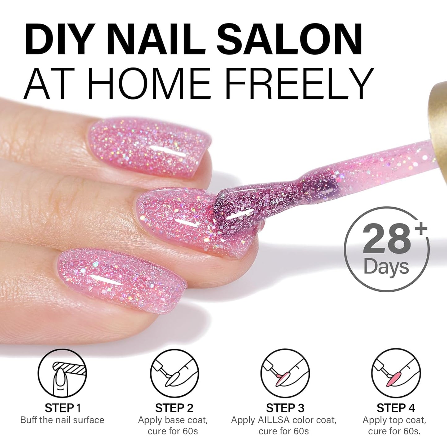 AILLSA Pink Glitter Gel Nail Polish Sheer Pink Rainbow Iridescent Polish Spring Holographic Jelly Nail Polish Gels Sparkle Shiny Soak Off U V Gel Nail Manicure Salon 0.51 Fl Oz/GF10