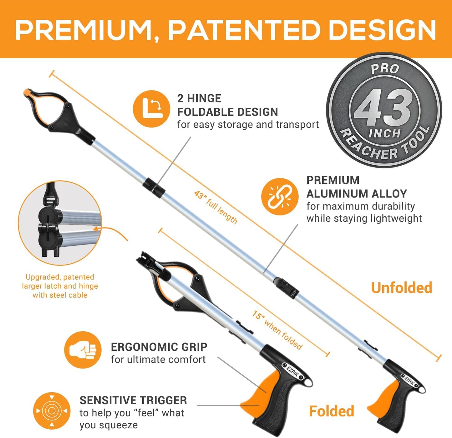 EZPIK Pro 43" Foldable Grabber Reacher Tool for Seniors - Grabbers for Elderly Reaching Tool Heavy Duty Pickup Trash Picker Upper Equipment - Claw Grabber Stick for Reaching Aids, Weed Gripper