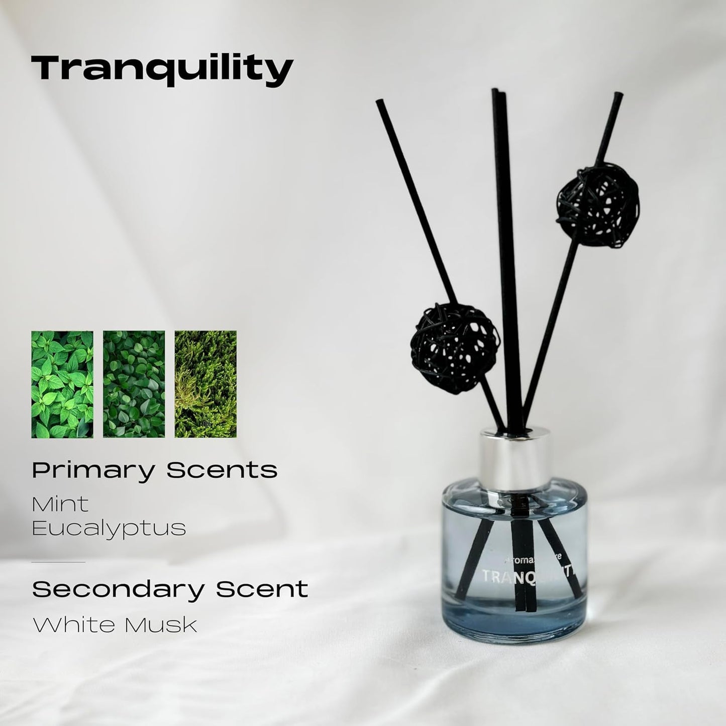 Reed Diffuser Set of 3, Eucalyptus Jasmine Lemongrass Aromatherapy Fragrance Oil | 12 Black Reed Sticks and 6 Rattan Balls, 3 x 50ML | Home, Office, Bathroom, Bedroom Essentials | AromaSphere