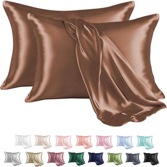 MR&HM Satin Pillowcase for Hair and Skin, Silk Satin Pillowcase 2 Pack, Queen Size Pillow Cases Set of 2, Silky Pillow Cover with Envelope Closure (20x30, Mocha Mousse)