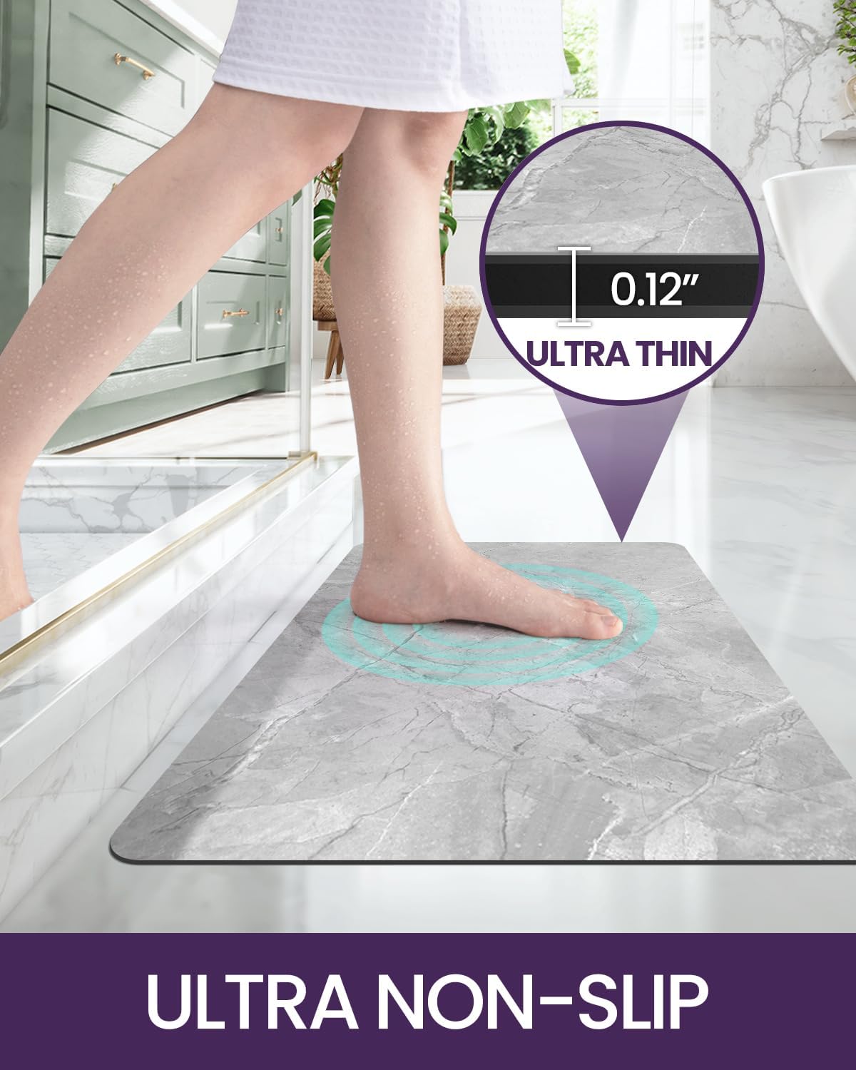 DEXI Bath Mat 17x32, Non Slip Quick Dry Rugs, Super Absorbent Ultra Thin Marble Bathmat, Washable Rubber Mats for Shower Floor, in Front of Bathtub, Sink, Bathroom Accessories Decor, Light Grey