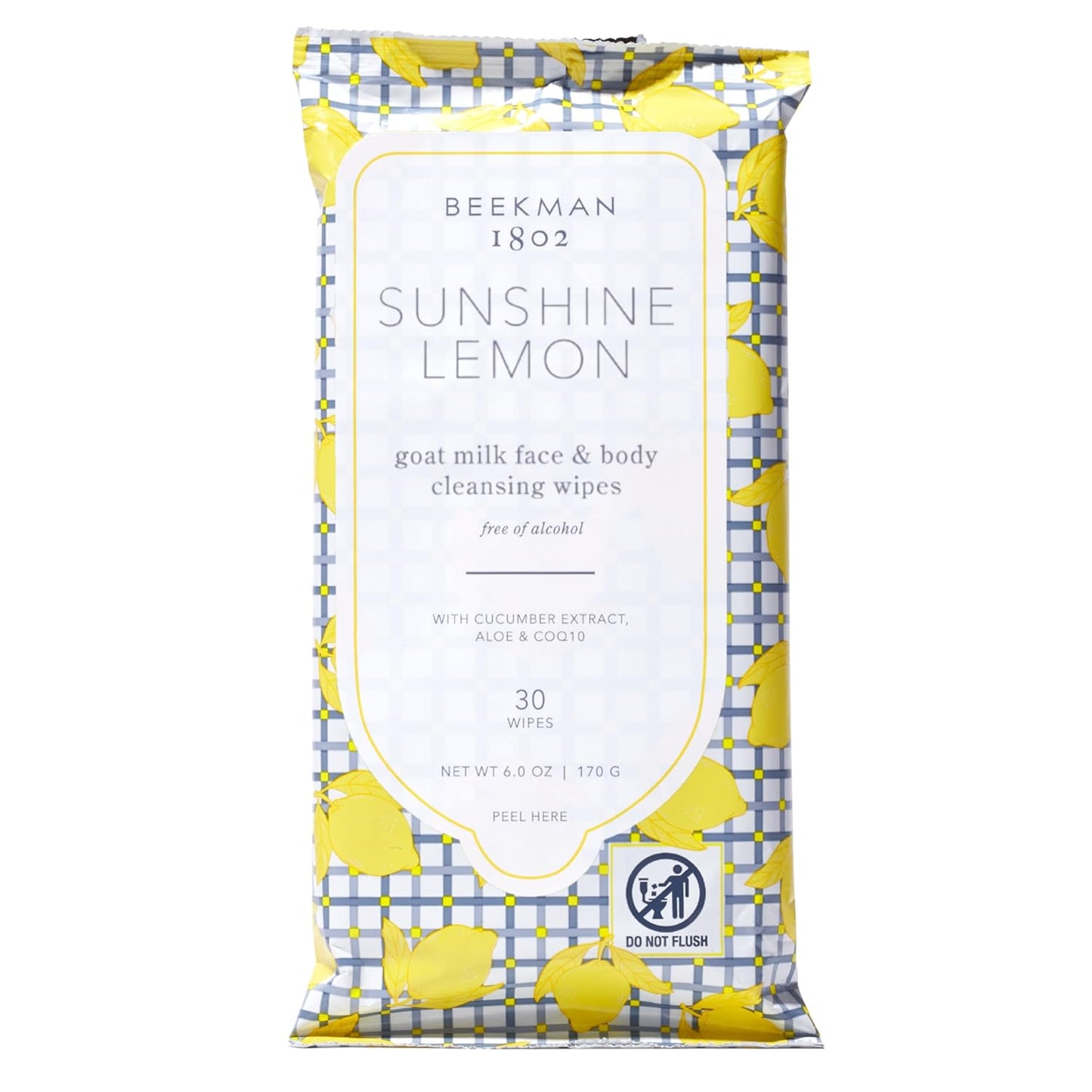 Beekman 1802 Face & Body Wipes, Sunshine Lemon Scented, 30 Count - Cleanses Dirt & Makeup, With Goat Milk, Aloe & Vitamin E - Alcohol Free, Biodegradable, Good for Sensitive Skin