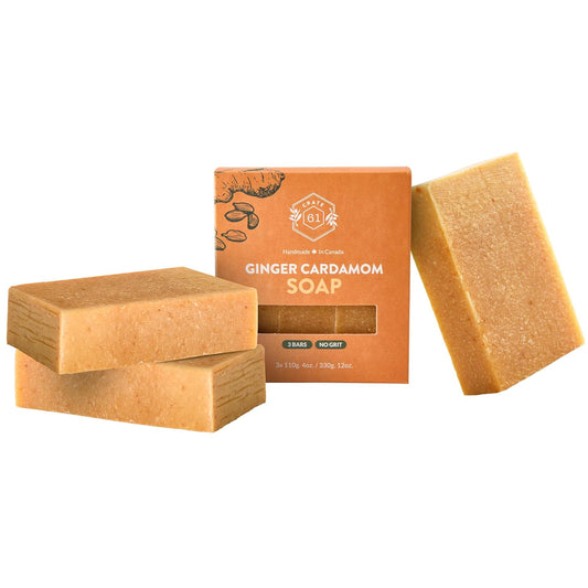 Crate 61 Organics, Handmade in Canada, Plant Based Natural Bar Soap Cold Pressed For Face & Body, w/Premium Essential Oils, For Men & Women 3 Pack (Ginger Cardamom)