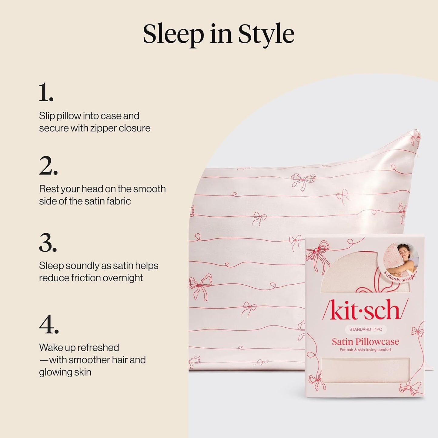 Kitsch Satin Pillowcase, Softer Than Silk Pillow Cases King, Cooling Pillow Covers, Satin Pillowcase w/Zipper for Hair, Skin & Quality Sleep, Wrinkle-Free & Smooth, King Size 19"x36"- Striped Bows