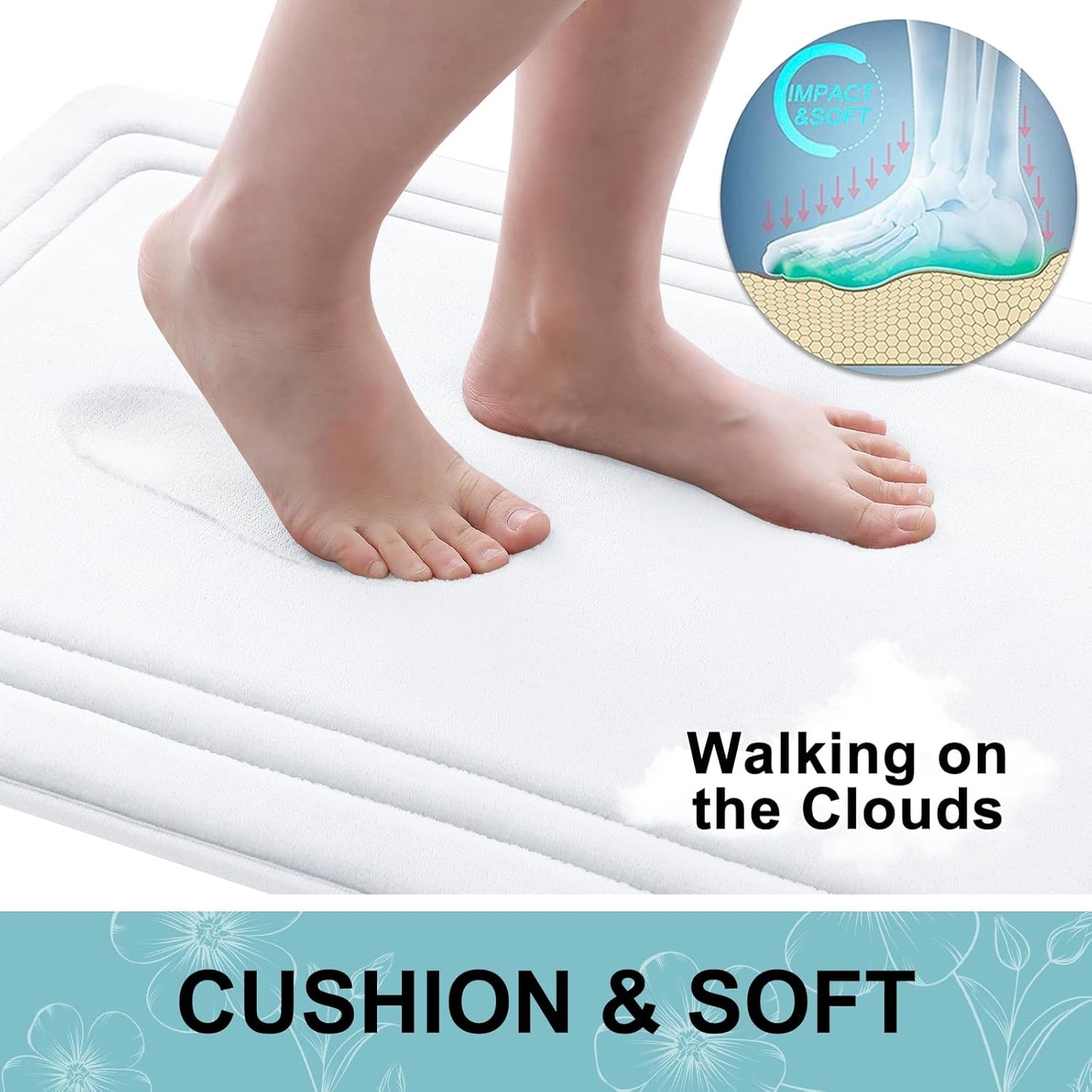 Grandaily Memory Foam Bath Mat Rug 24x16, Ultra Soft, Non-Slip and Absorbent Bathroom Rugs, Machine Wash Dry, Comfortable Bath Carpet for Bathroom Floor, Tub and Shower, White