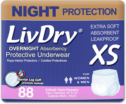 LivDry Adult XS Incontinence Underwear, Overnight Comfort Absorbency, Leak Protection, X-Small, 88-Pack
