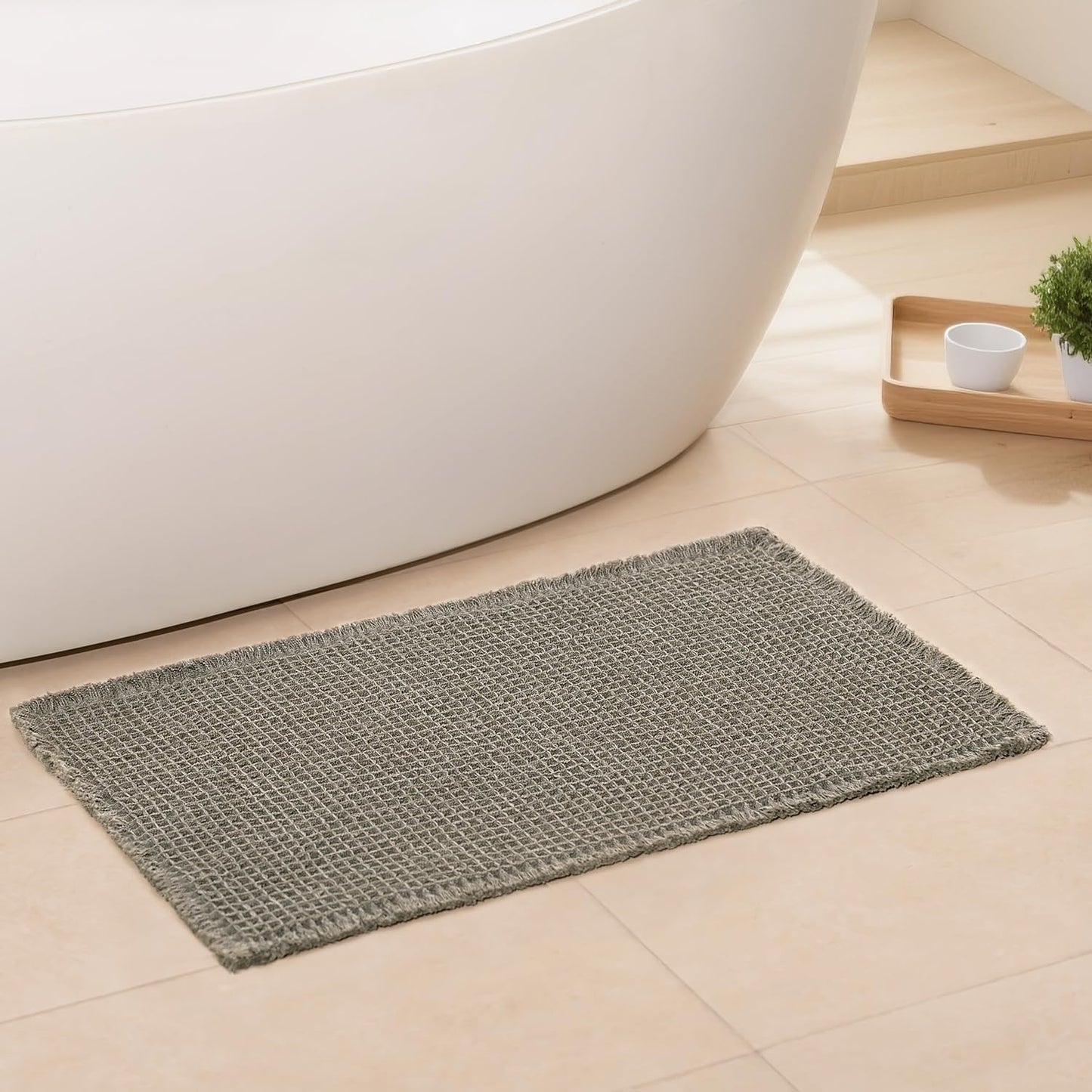 Waffle Bath Mat - Boho Bathroom Rugs Non Slip Washable, Super Absorbent & Quick Dry, Soft Bath Mat Farmhouse Bathroom Decor, 20'' x 32'', Olive Green