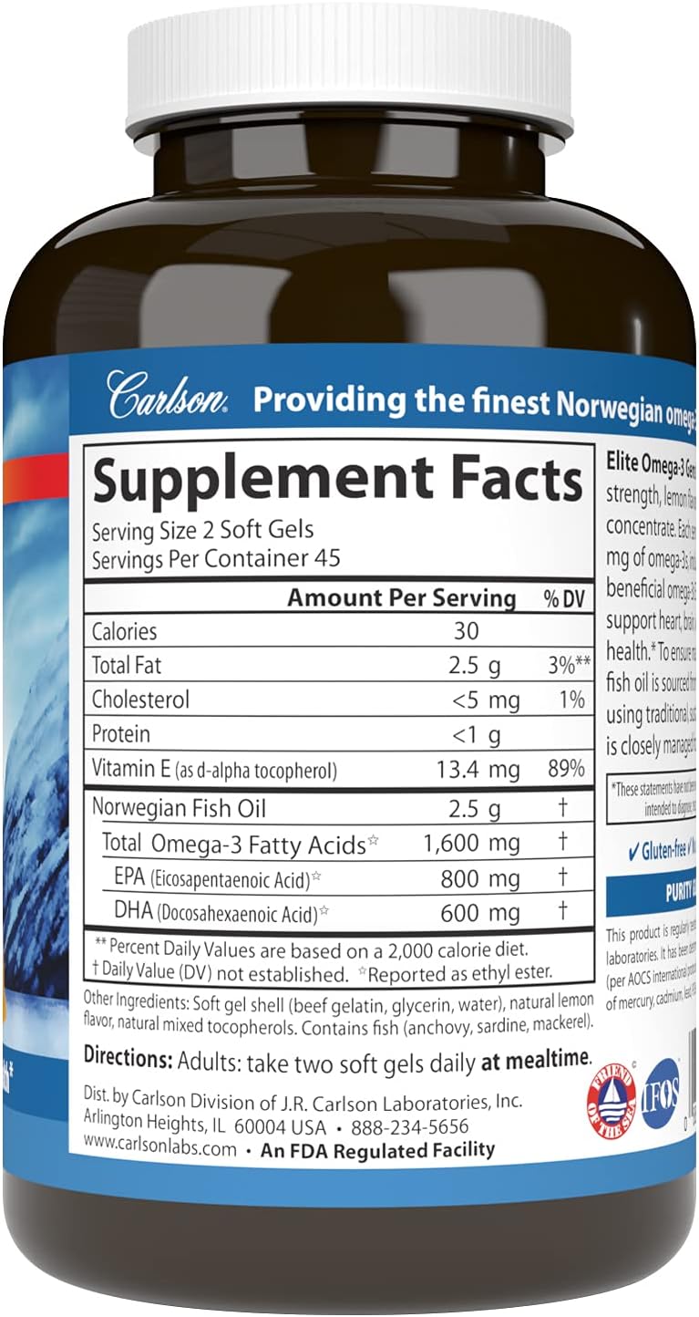 Carlson Labs Wild Caught Elite Omega-3, 1600mg, Omega 3s, Soft Gels, 90 Count