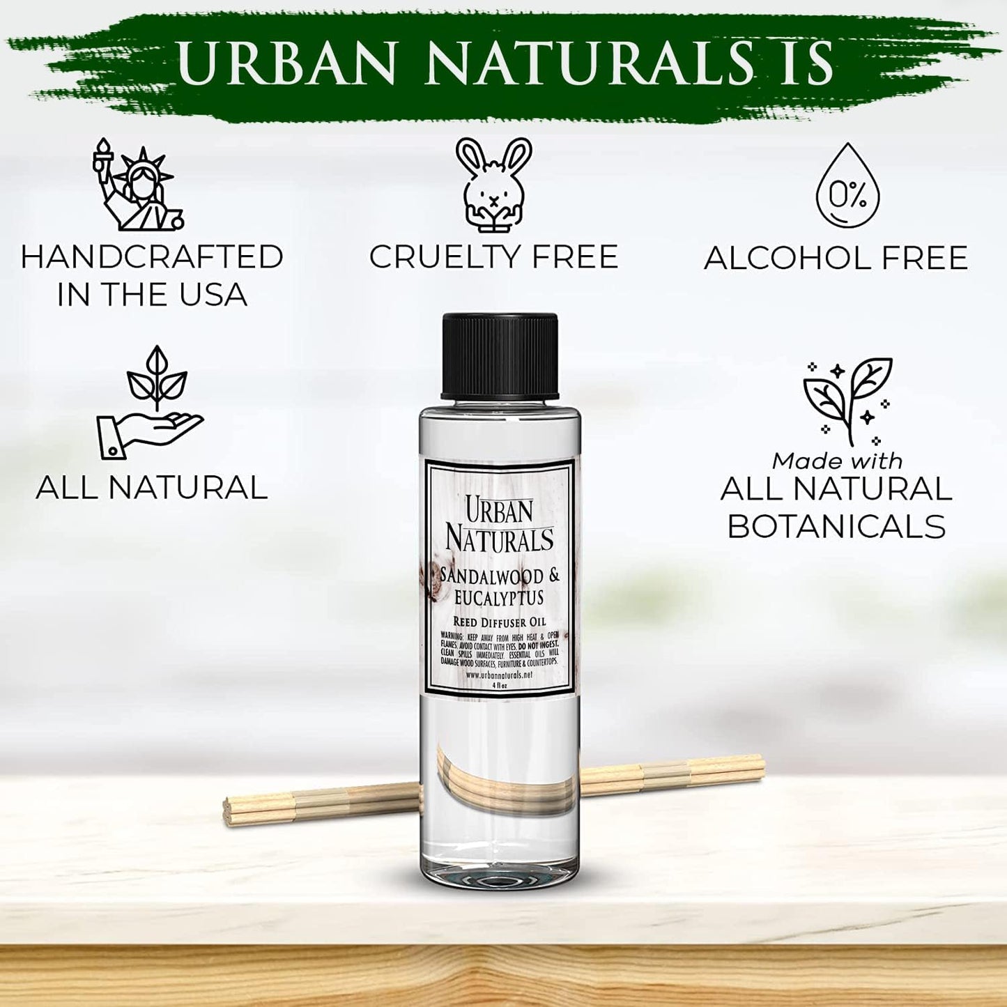 Urban Naturals Reed Diffuser Oil Refill, Sandalwood & Eucalyptus Diffuser Oils with Musk, Herbal Woods, 4 oz + Free Reed Sticks, Made in The USA