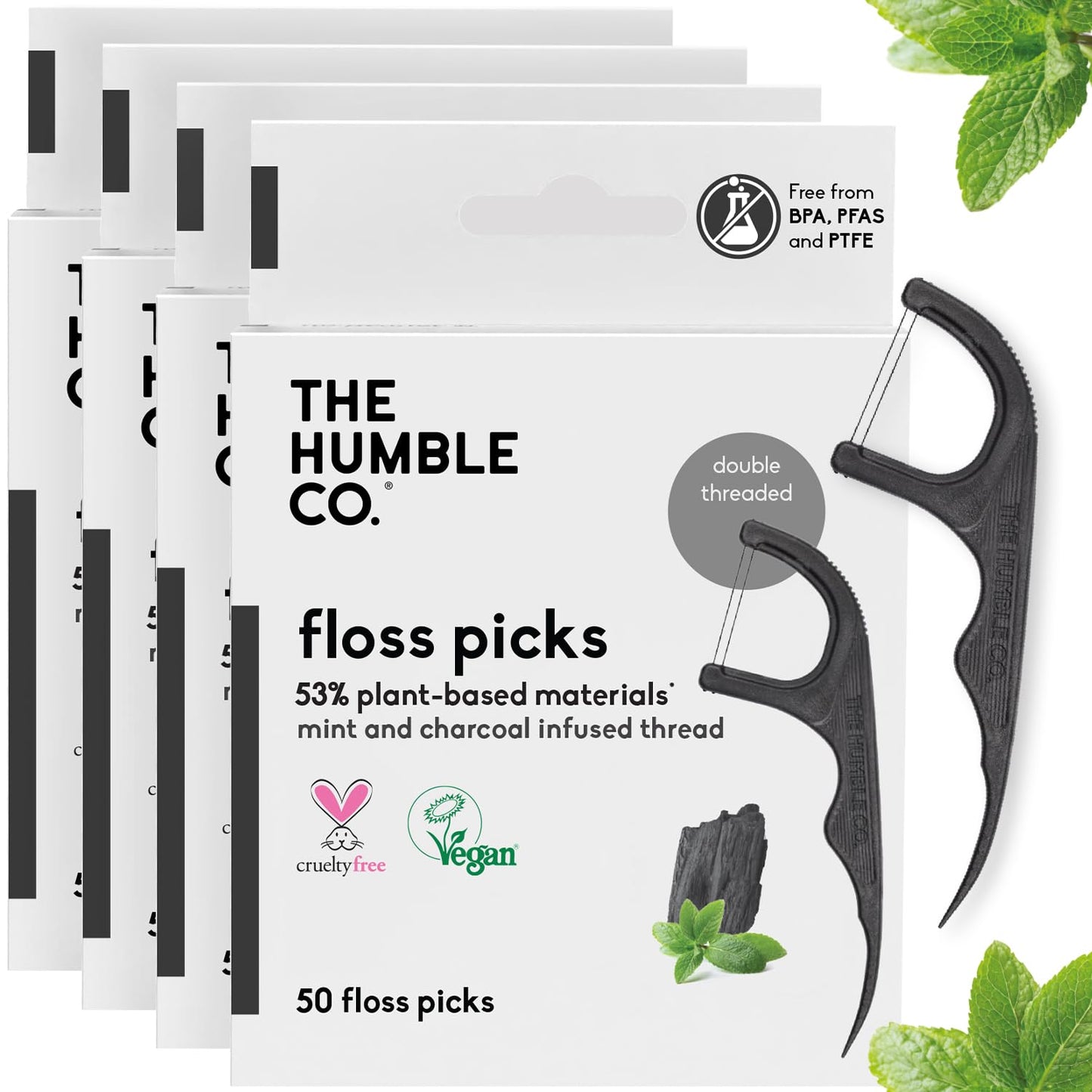 The Humble Co. Floss Picks (200 Count) – Plant Based Dental Floss Picks for Superior Oral Care, Dental Hygiene, and Gum Health, Cruelty Free Tooth Floss Picks (Charcoal, Double Thread)