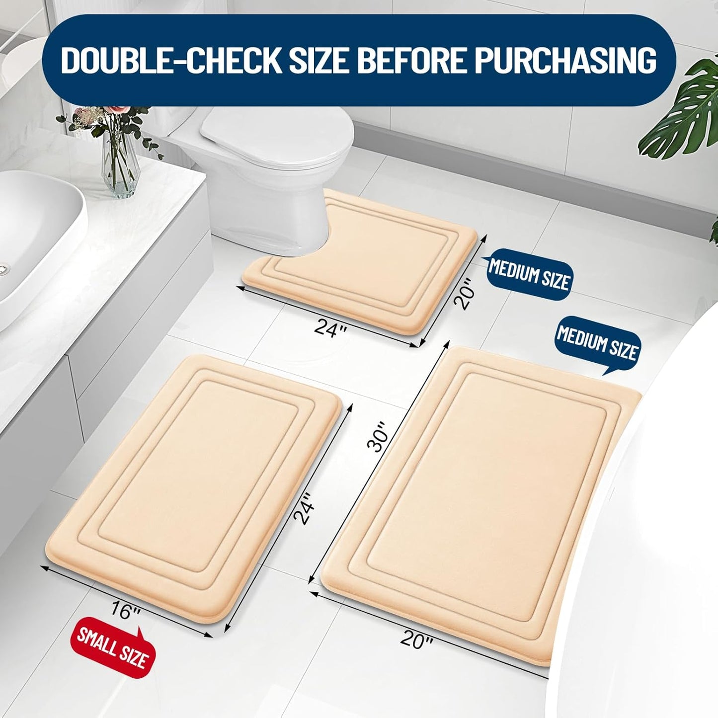 Grandaily Memory Foam Bath Mat Rug 30x20, Ultra Soft, Non-Slip and Absorbent Bathroom Rugs, Machine Wash Dry, Comfortable Bath Carpet for Bathroom Floor, Tub and Shower, Beige