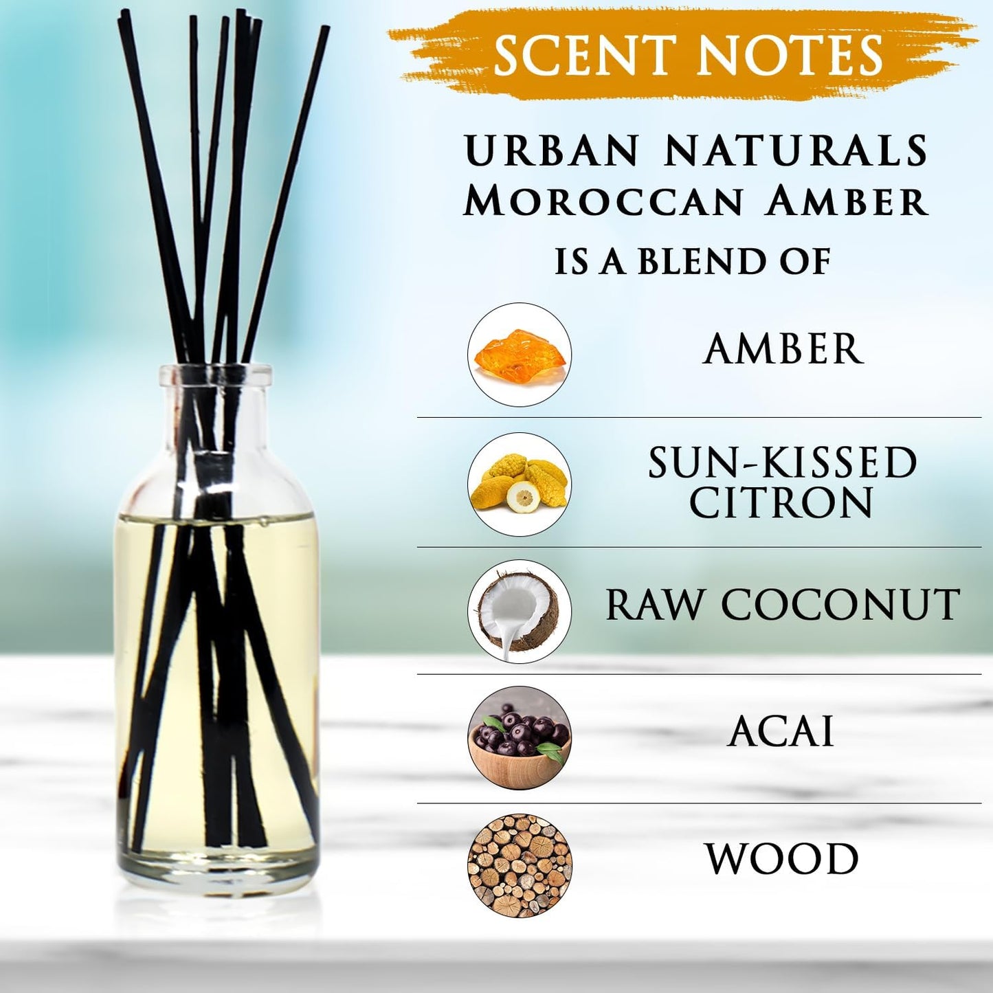 Urban Naturals Moroccan Amber Essential Oil Reed Diffuser Gift Set | Golden Silk Amber, Sun-Kissed Citron, Raw Coconut & Acai | Great Home Fragrance Gift Idea