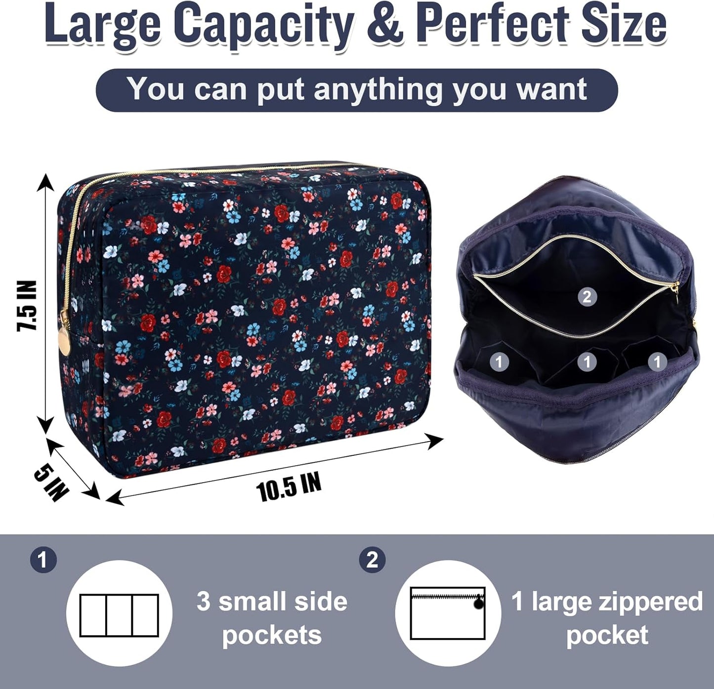 Nylon Large Floral Makeup Organizer Bag, Preppy Big Cute Flower Cosmetic Zipper Pouch Multi-compartment with Dividers, Waterproof Toiletry Makeup Brushes Travel Essentials for Women(Navy Blue-Flower)