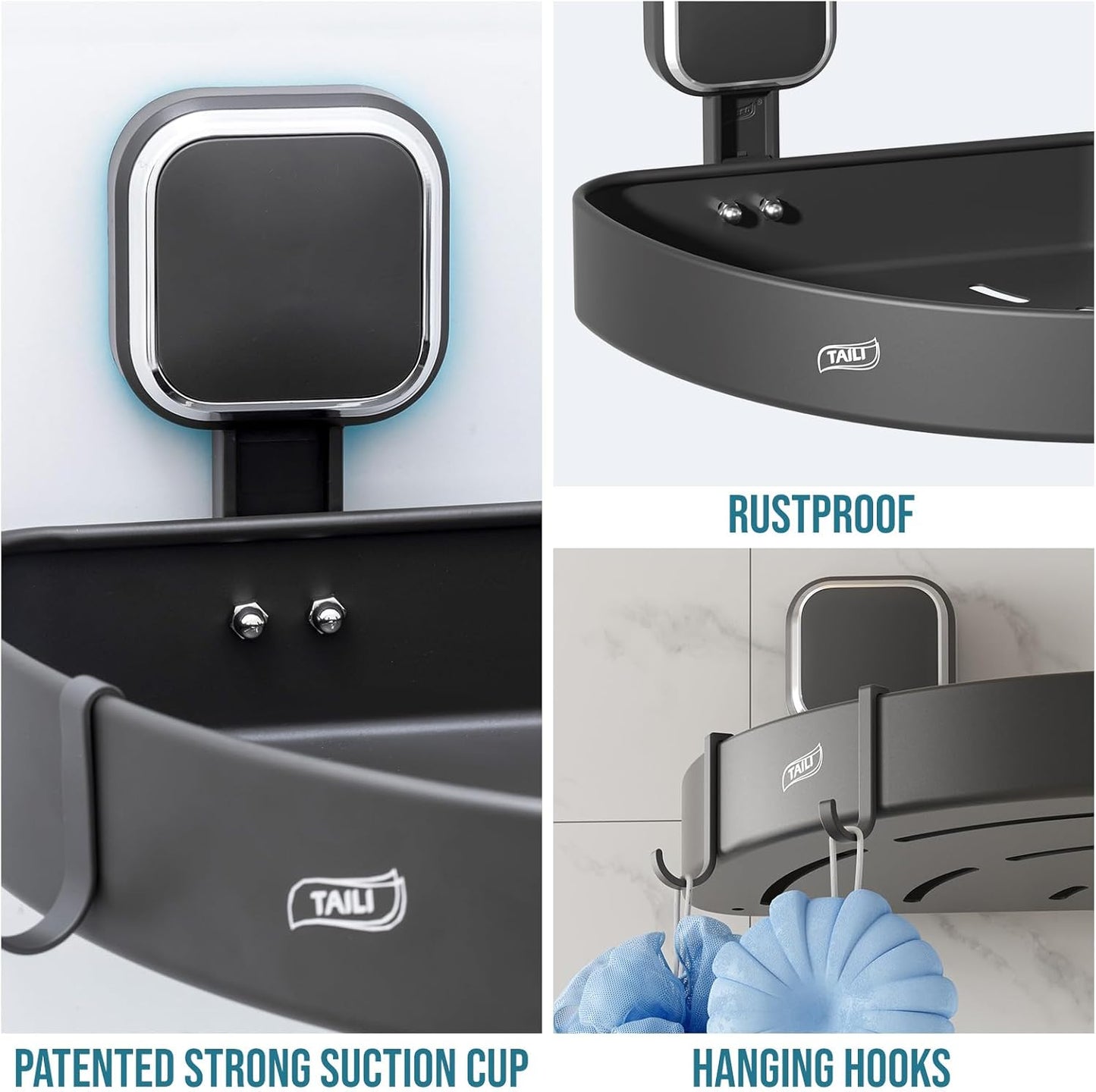 TAILI Corner Shower Caddy with Suction Cup Hooks, Aluminum Corner Shelf Basket， Wall Mounted Organizer Rack for Shampoo, No-Drilling Rustproof for Kitchen and Bathroom