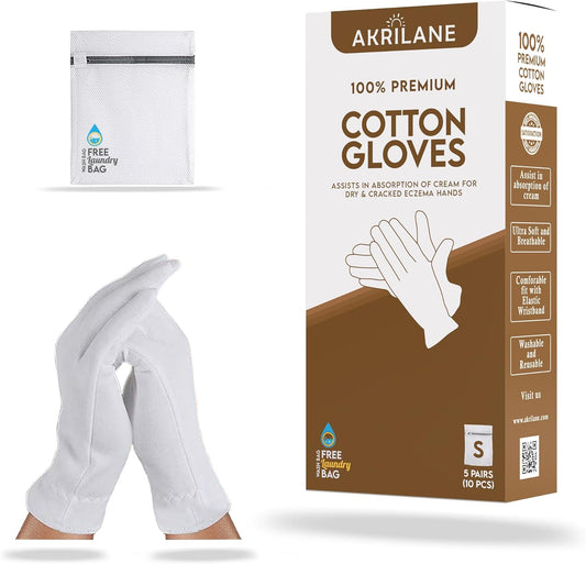 S Small 5 Pairs 100% Premium Cotton Gloves for Dry Hands | Moisturizing Overnight Gloves for Eczema, Psoriasis & Skin Spa Treatment for Women & Men | Washable & Reusable with Free Laundry Bag