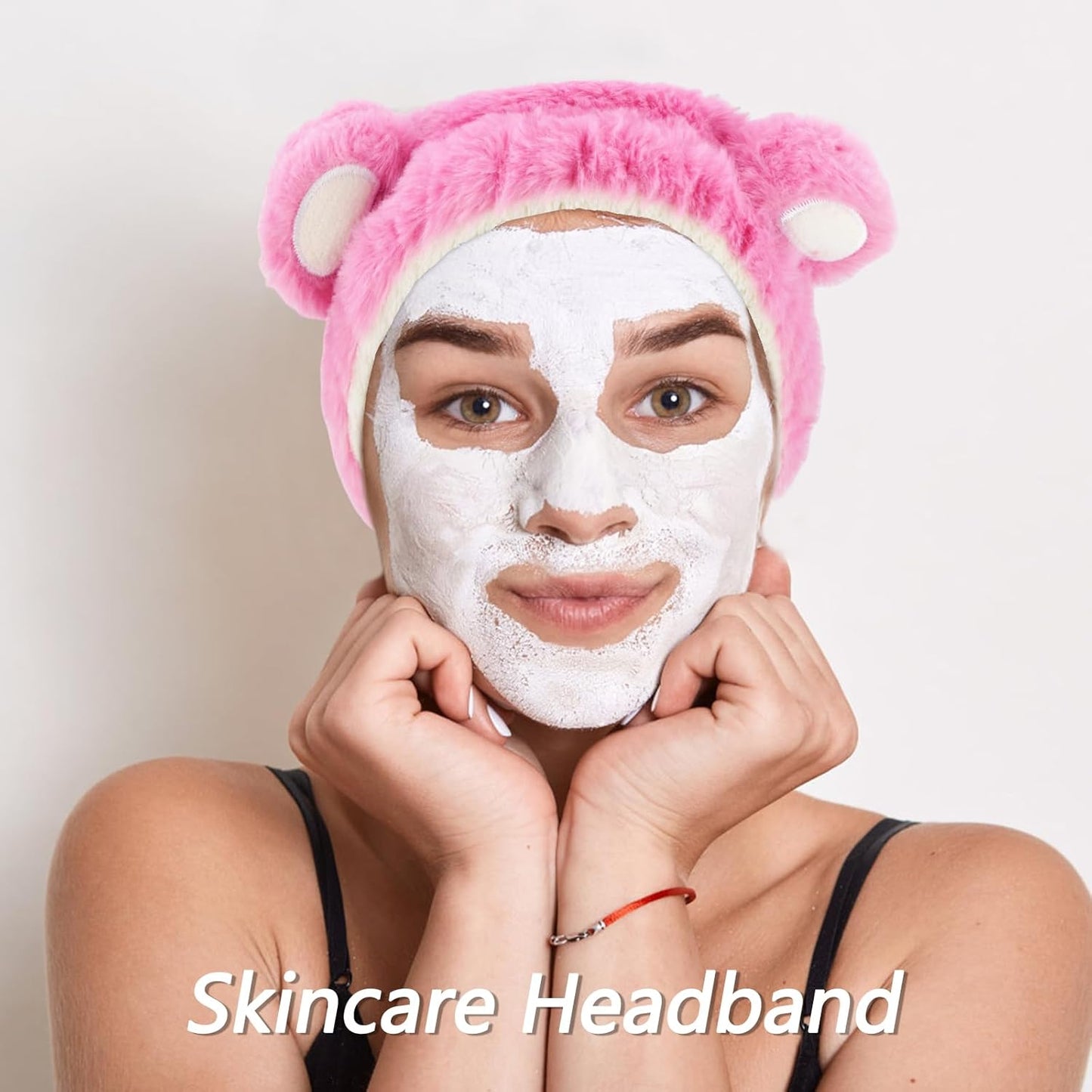 VELSCRUN Spa Headband, Makeup Face Wash Skincare Headbands, 5 Pcs Sponge Get Ready Bear Ears Hairband Facial Wristband Hair Clip Set, Stuff for Teen Girls Women Trendy Fashion Hair Accessories Pink